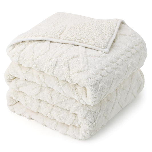 Drewin Weighted Blanket 15lbs Queen Size, Soft and Thick Jacquard Sherpa Throw Blanket for Calm and Relax, Dual Sided Ultra Cozy Fluffy Heavy Blankets with Ceramic Beads, 60 x 80 inches, Cream White