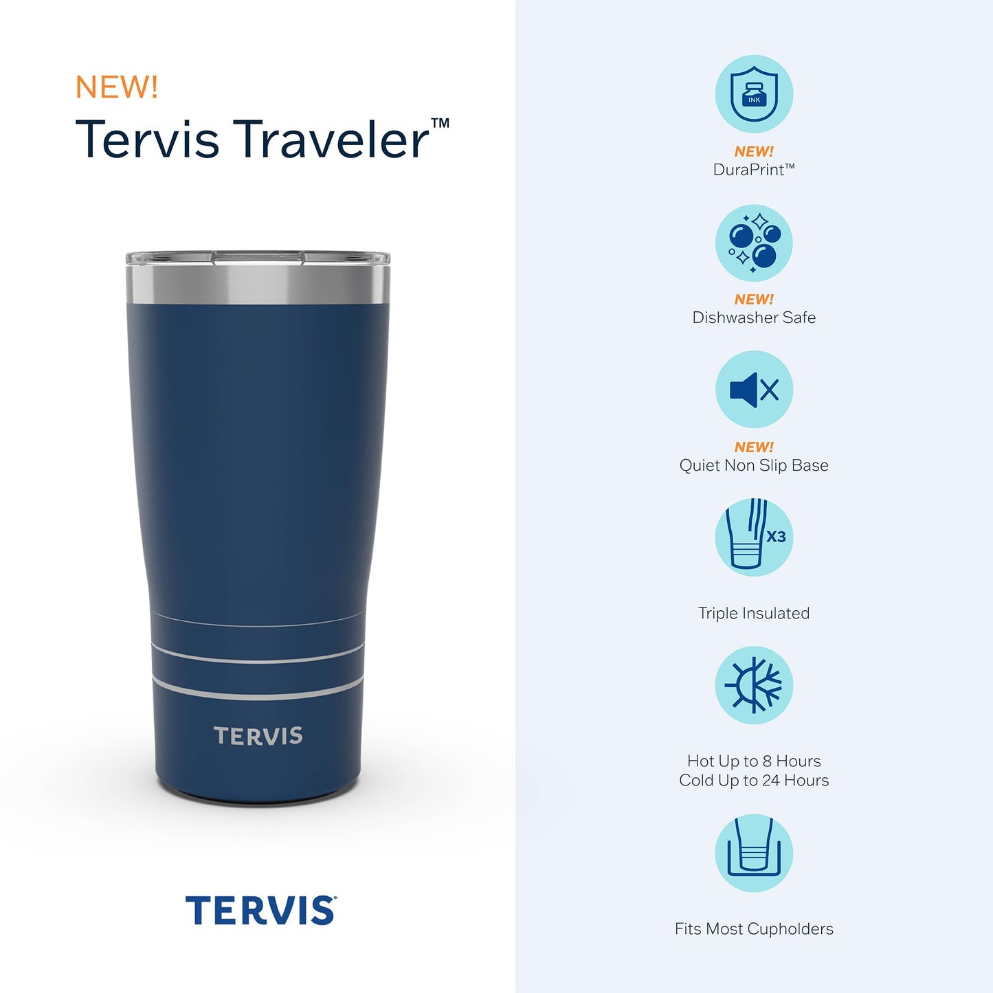 Tervis Traveler Powder Coated Stainless Steel Triple Walled Insulated Tumbler Travel Cup Keeps Drinks Cold & Hot, 20oz, Blue Moon