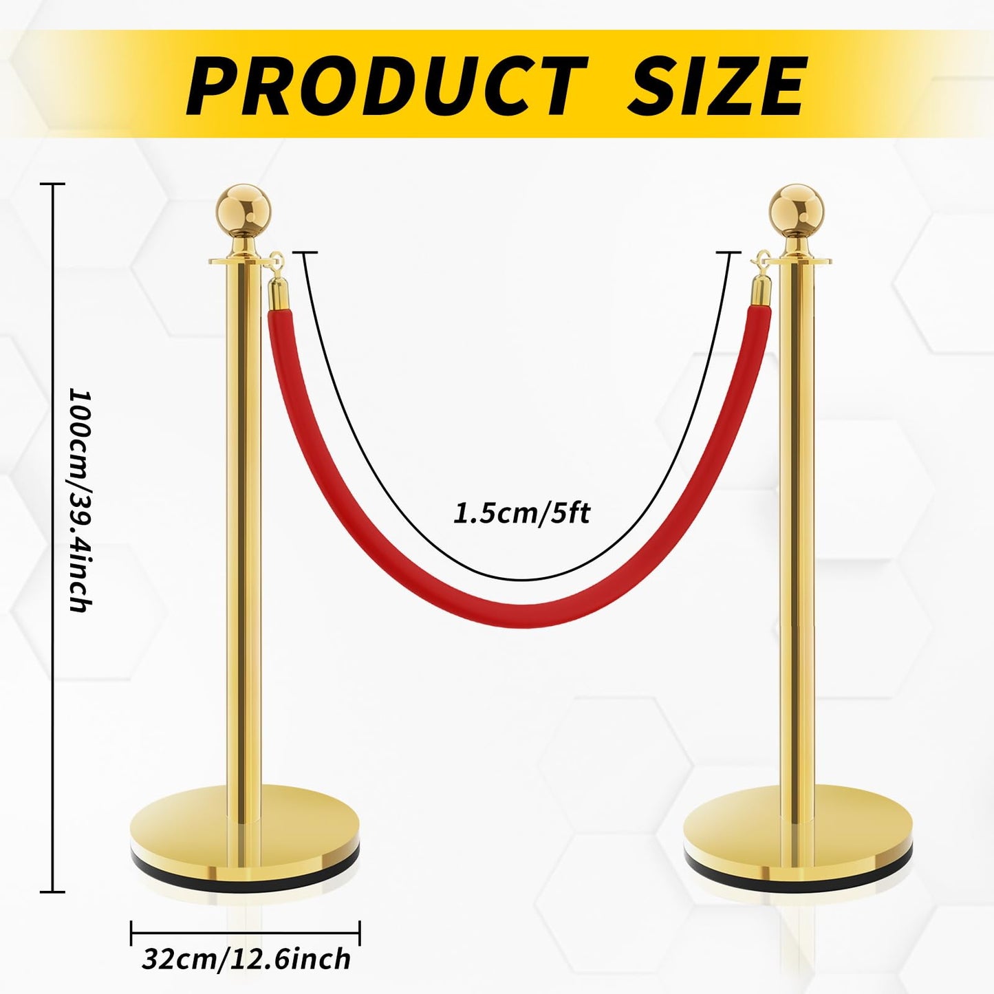 Gold Stanchions, Red Carpet Ropes and Poles, Stainless Steel Barriers for Party, Museums, Wedding, Easy Connect Assembly, 2PCS