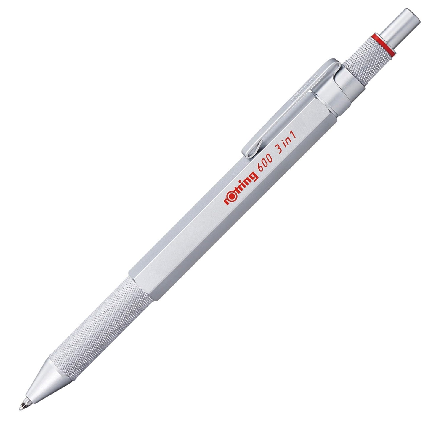 rOtring 600 3-in-1 Multicolor Pen and Mechanical Pencil, Switches Between 2 Ballpoint Pen Fine Point Tips (Black and Red Ink) and 1 Mechanical Pencil Tip (0.5mm Lead), Silver Barrel
