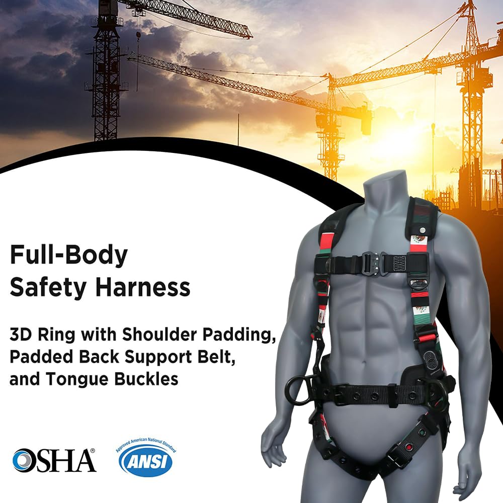 AFP Fall Protection Full-Body Premium Mexican Flag Safety Harness, Vented & Padded Shoulder, Legs & Back, 8” Thick Back Support Belt, Aluminum D-Rings, Tongue Buckle, Quick Release (OSHA/ANSI PPE)