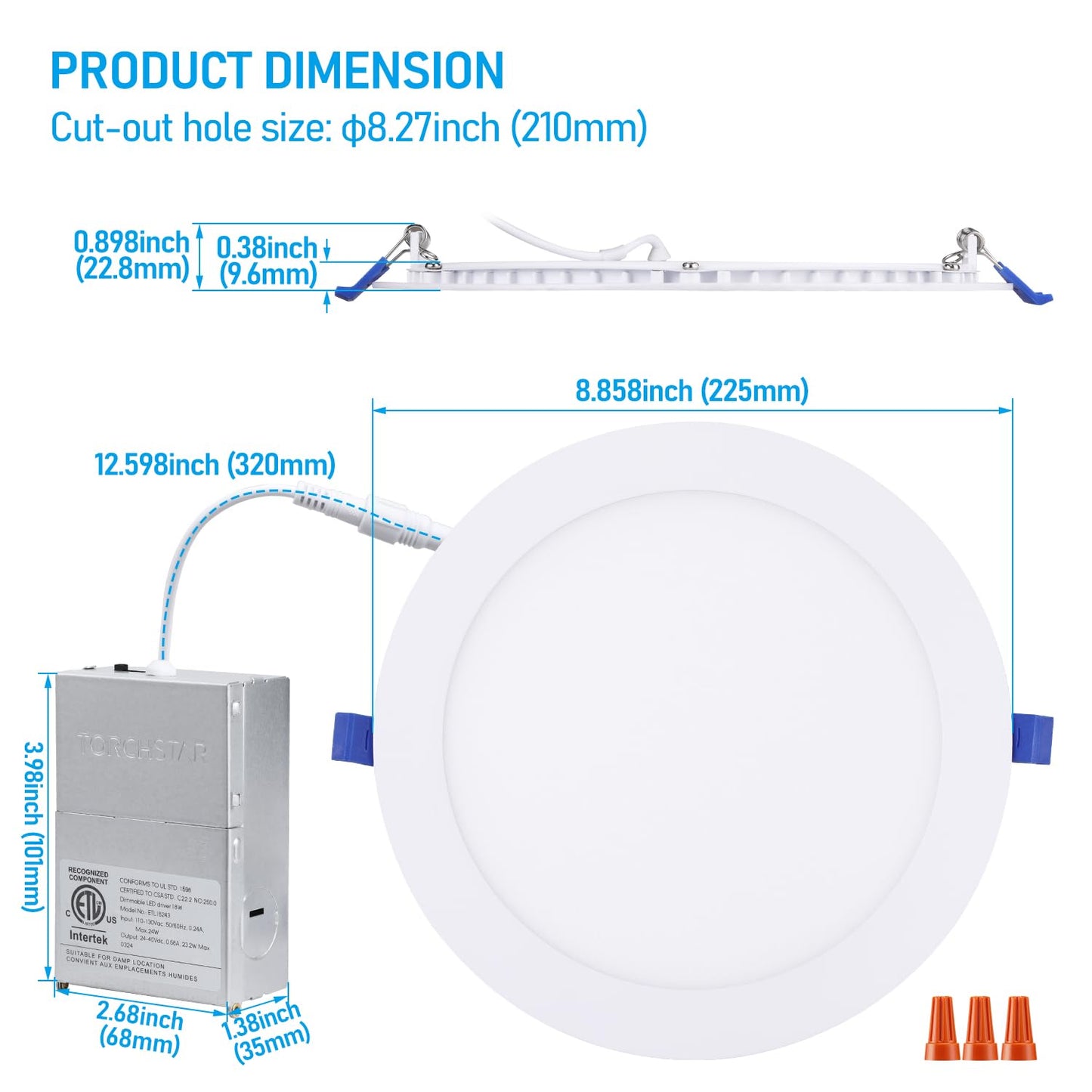 TORCHSTAR 8 Inch 5CCT Ultra-Thin LED Recessed Ceiling Light with Junction Box, CRI90, 27003000350040005000K Selectable, 18W Dimmable Slim Canless Wafer Downlight, ETL & ES & FCC, Pack of 6