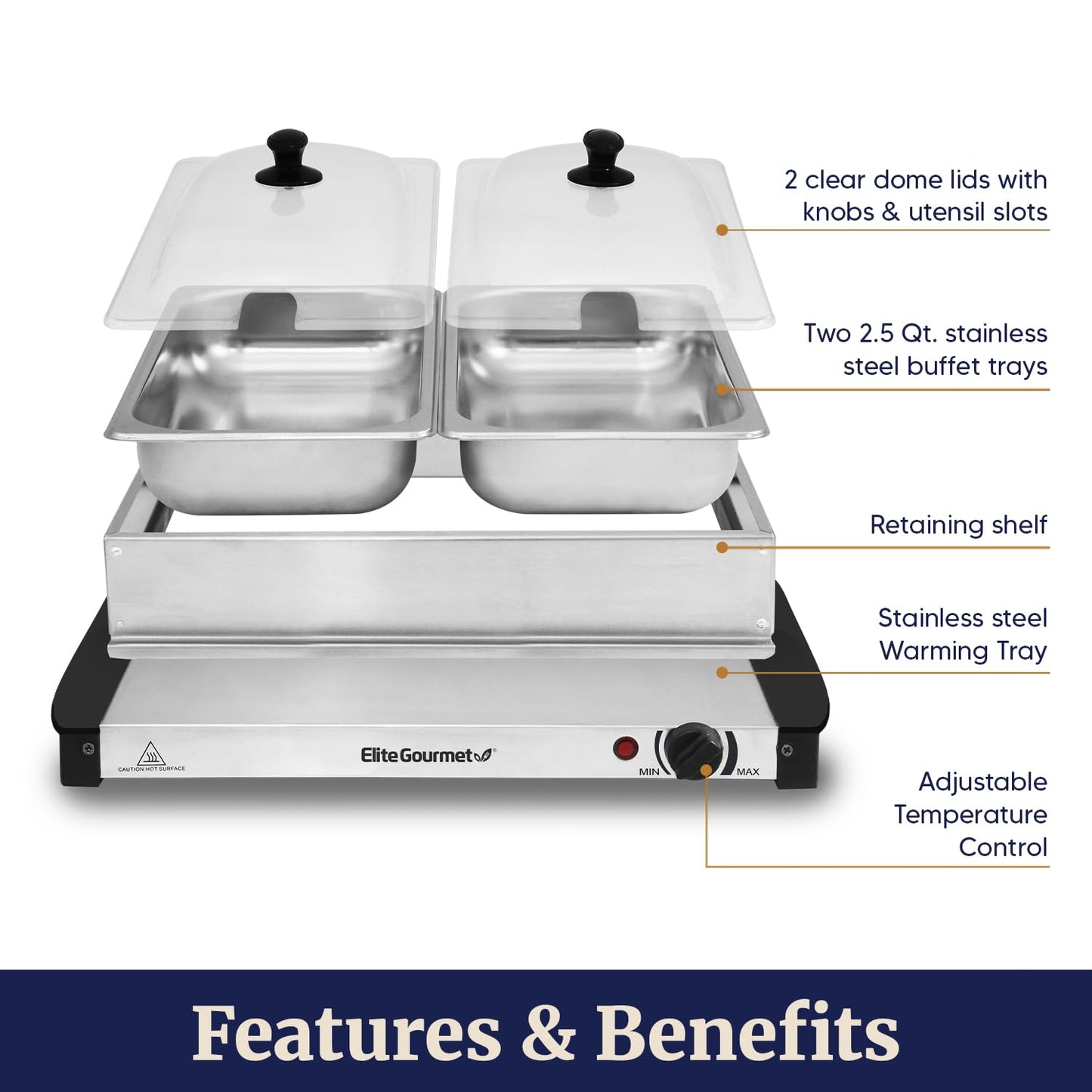 Elite Gourmet EWM-6122X Deluxe Dual Buffet Server Food Warmer Party Tray, Gravy & Holiday Essentials, Special Events, 2 x 2.5Qt, Stainless Steel