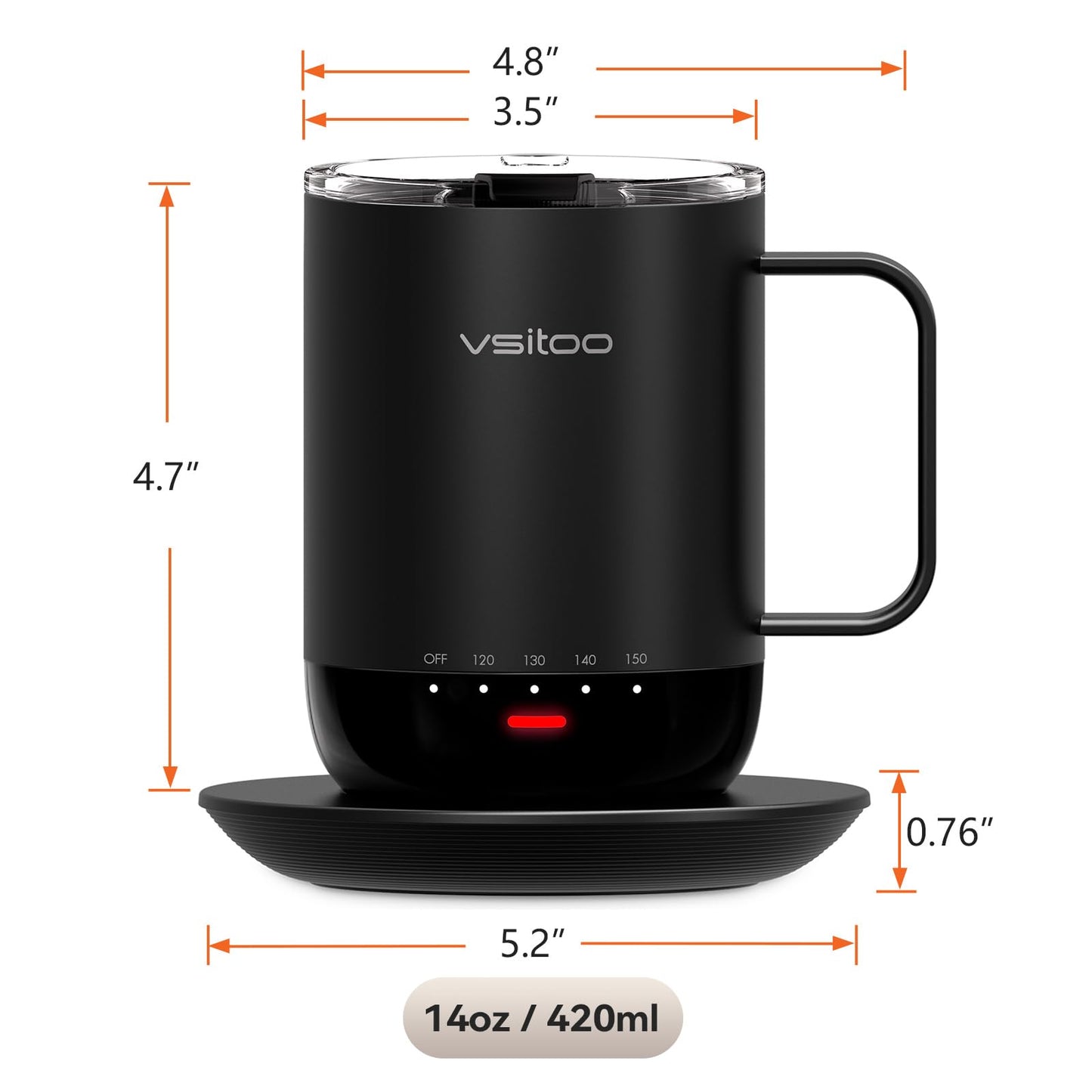 VSITOO S3 Pro+ Temperature Control Self Heating Smart Mug 16 oz, Improved Design,Smart LED Light/APP Control/Auto Sleep/5 Level Temperature Setting（Black）