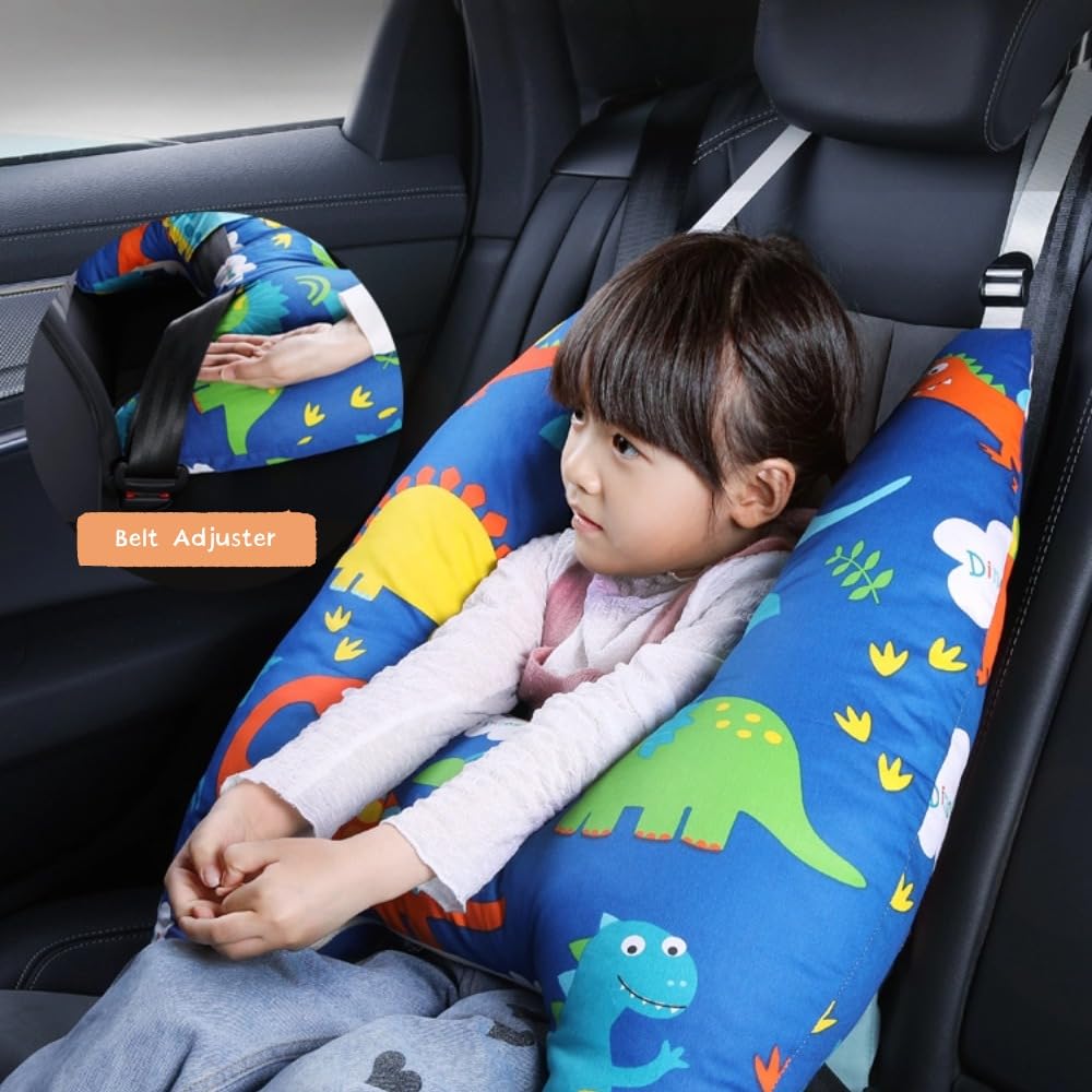 eaonitu Travel Pillow Car Cushion for Kids 6 Years Old+ Shoulder Neck Back Support & Seat Belt Comfort, Road Trip Cozy Sleeping Gift for Young Travelers, Parents, Families, Baby Shower (Dinosaur Blue)