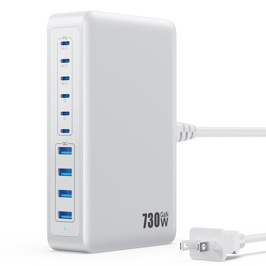 730W USB C Charger Block,10-Ports GaN V Fast Charging Station Hub,QC4.0+Three PD 100W Laptop Charger Wall Power Adapter for MacBook Pro/Air,DELL,iPhone 16/15/14,iPad,Galaxy S25,Pixel,Steam Desk etc