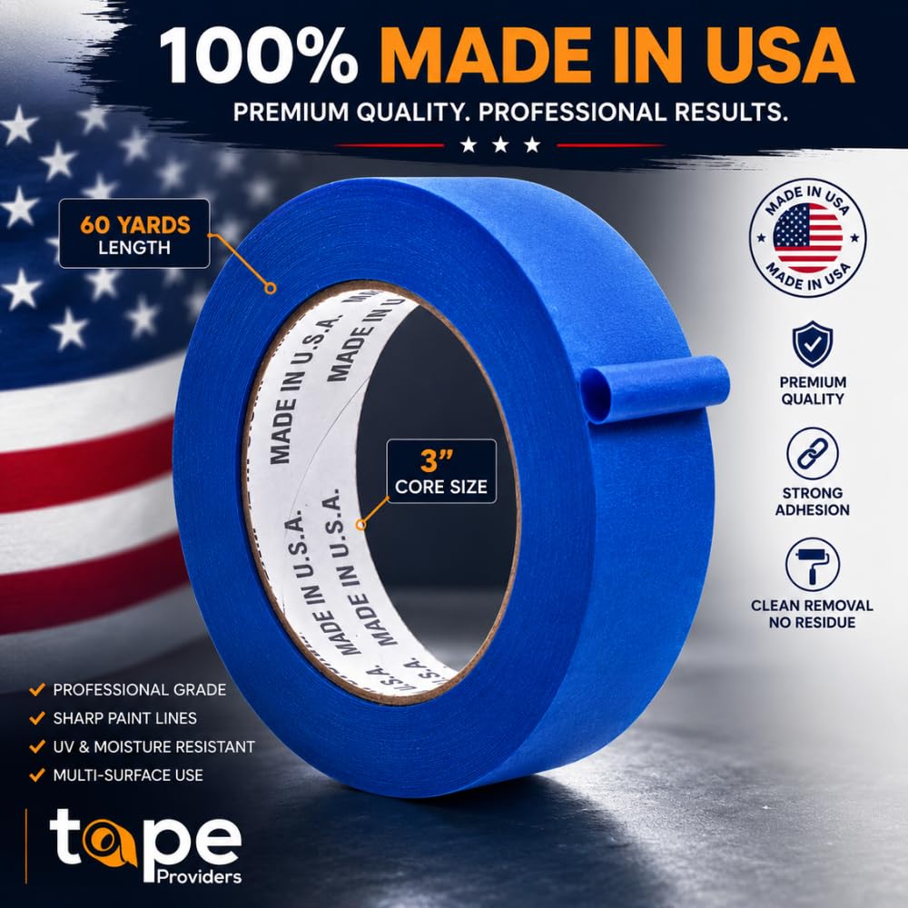 Made in USA Blue Painter’s Tape - 2 inch x 60 yds. (6 Pack) Thick & Wide Masking Tape for Safe Wall Painting, Building, Remodeling, Labeling, Edge Finishing