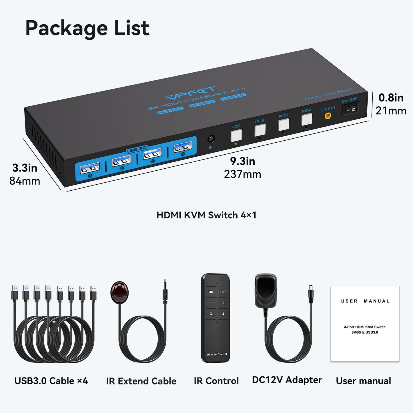 8K@60HZ HDMI KVM Switch 4 Computers 1 Monitor USB3.0 4K120Hz 4 Port KVM Switches for 4 PCs Share 1 Monitor and 4 USB Devices, Such as Keyboard Mouse Printer, with Controller and 4 USB Cables