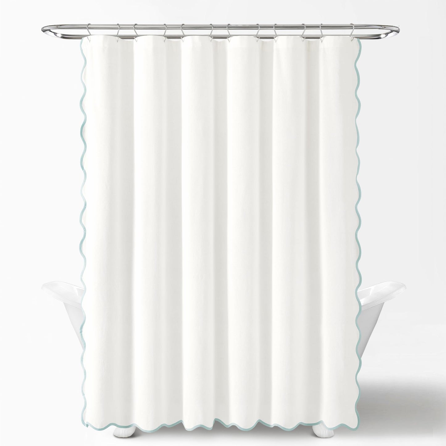 Lush Decor Coastal Chic Scallop Edge Linen-Textured Shower Curtain, Single 72" W x 72" L, Blue & White - Scalloped Shower Curtains - Coastal Bathroom Curtain