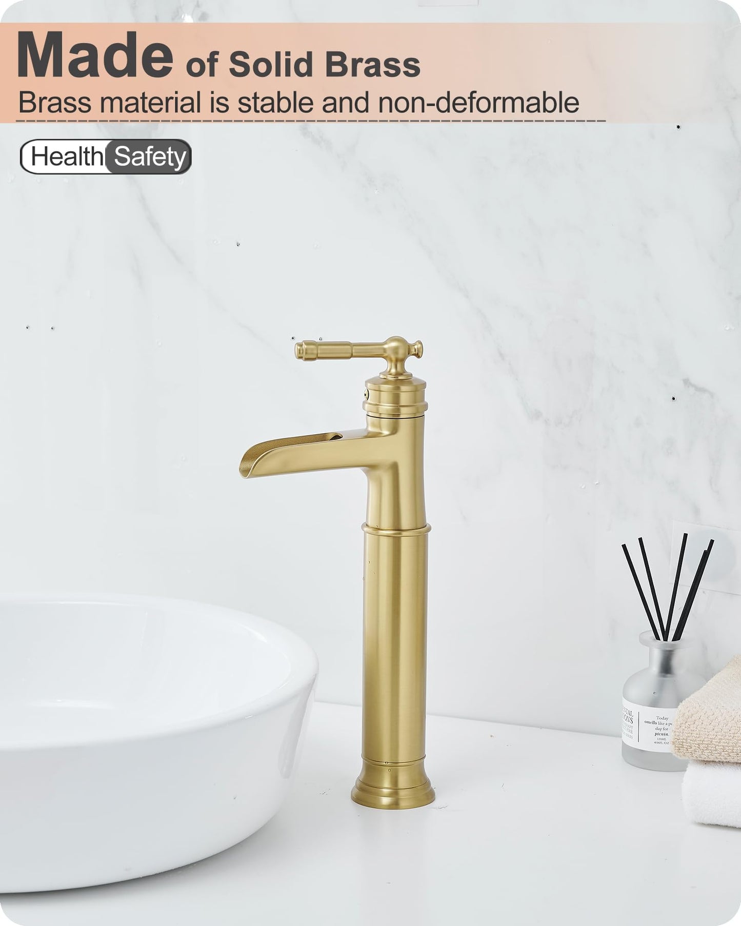 HOIGY Gold Vessel Sink Faucet, Brass Waterfall Tall Faucet for Bathroom Sink 1 Hole with Single Handle, Pop-up Drain & cUPC Water Hoses for Antique Bowl Basin Save Water