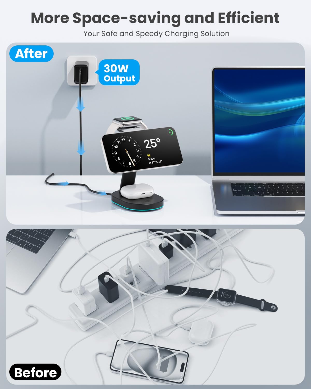 4 in 1 Wireless Charger Charging Station for iPhone,Qi2 Certified 15W Magnetic Charging Stand for Mag-Safe with 30W USB C Adapter&Friendly Night Light for iPhone 16/15/14/13/12,Apple Watch,AirPods