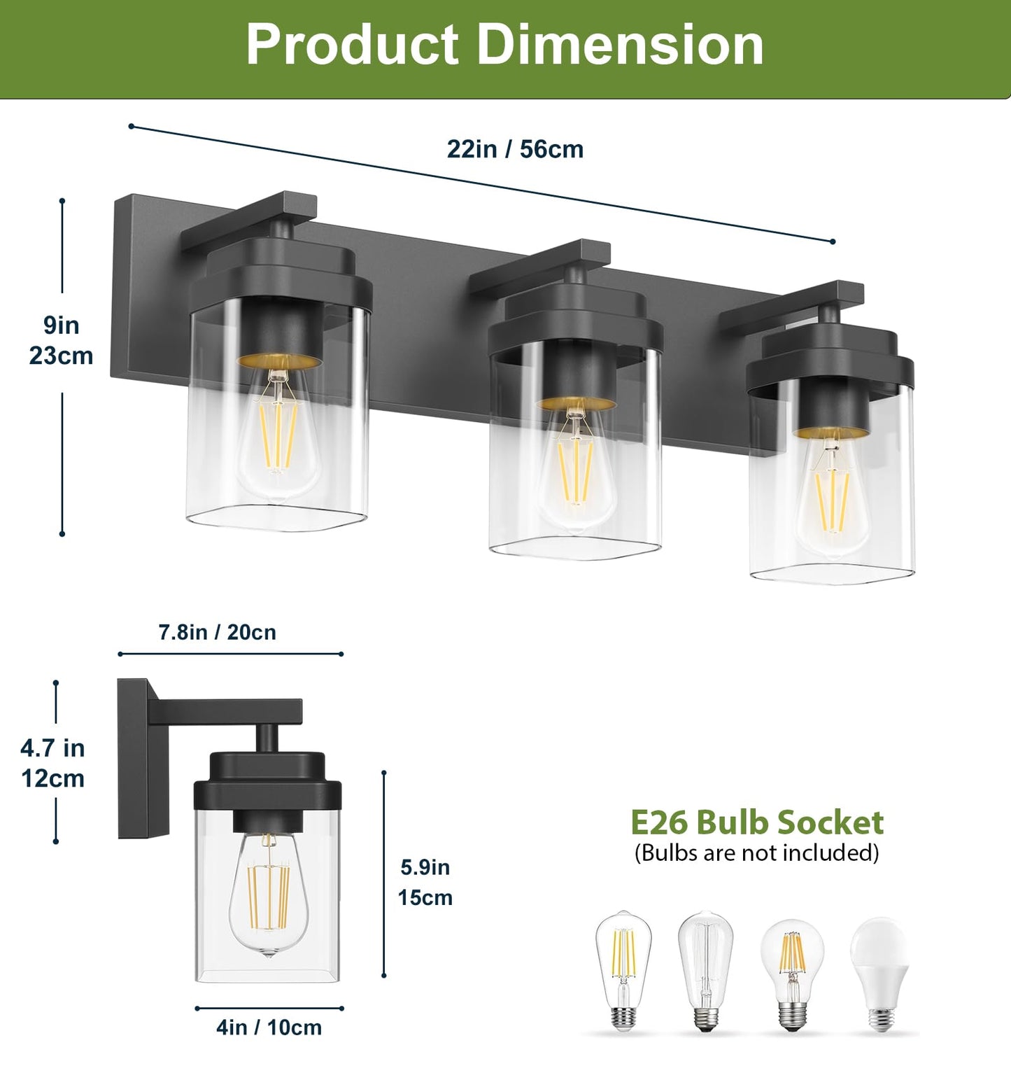 LKHF Black Bathroom Light Fixtures, 3 Lights Bathroom Lighting Fixtures Over Mirror, Square Design & Rectangle Large Backplate, Modern Vanity Lighting Fixtures, for Bathroom/Living Room/Bedroom