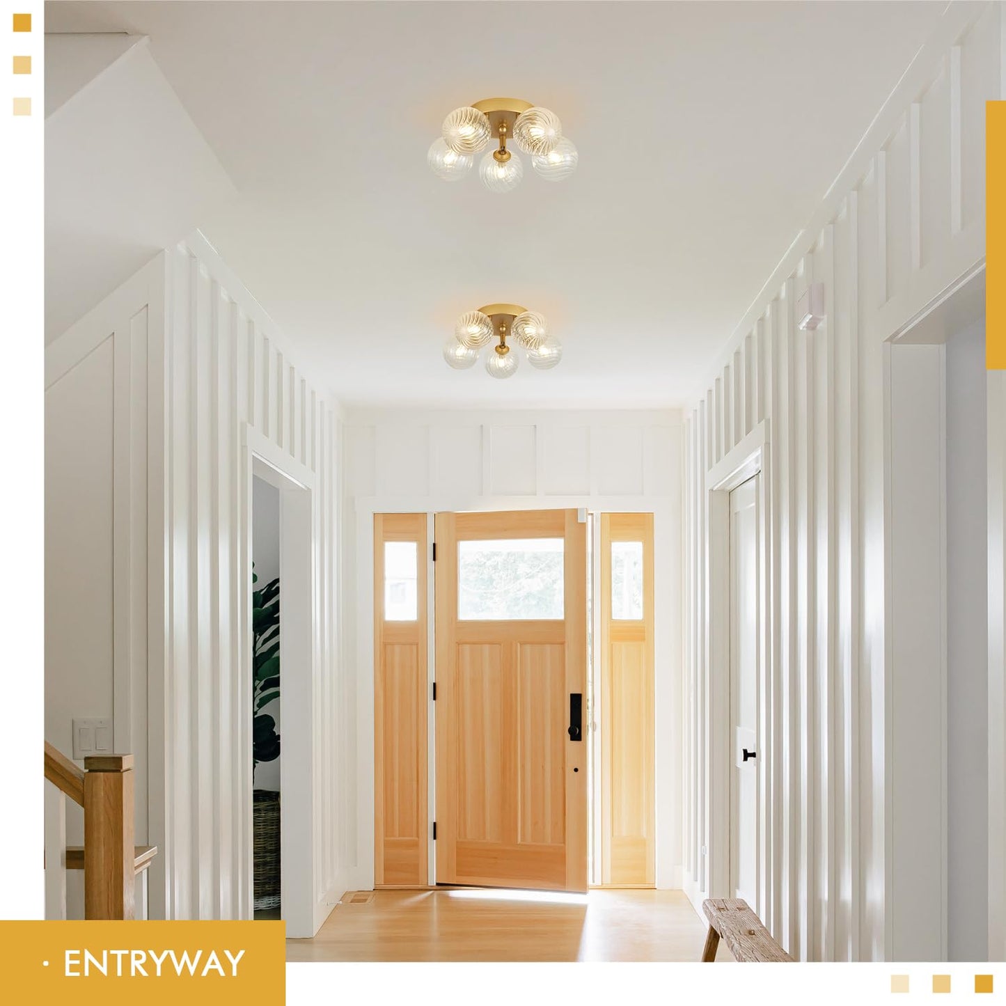 brfaixla Gold Ceiling Bubble Light Fixture Modern 5 Lights Swirled Clear Ribbed Blown Glass Ball Chandelier Semi Flush Mount Lighting Dia 12.6" for Hallway Entryway Kitchen Dining Room