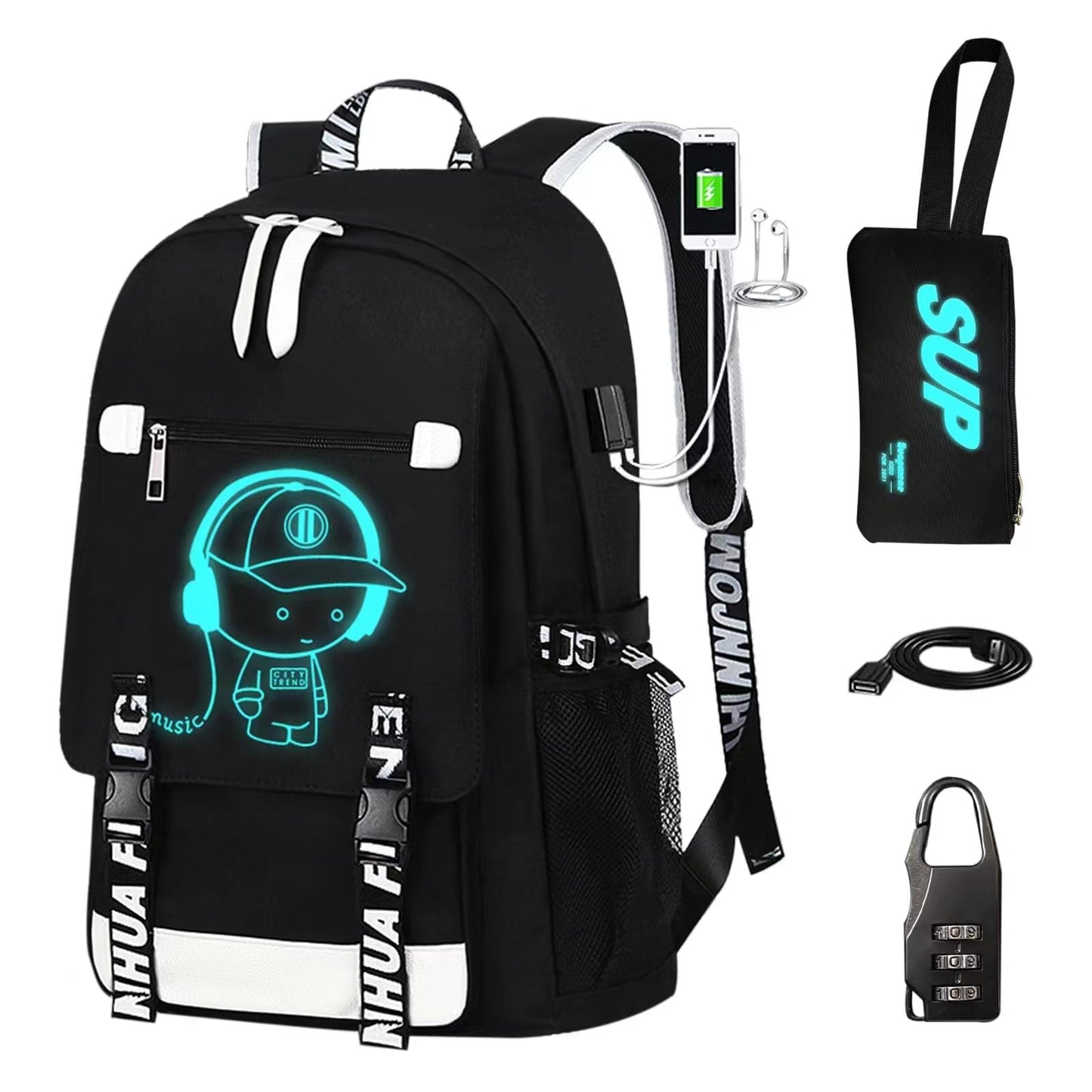 ASXMA Luminous Pattern Travel Laptop Backpack - Adjustable Shoulder Strap Waterproof Black Backpack With Usb Charging Port & Headphone Port School Backpack Includes Pencil Bag,combination Lock