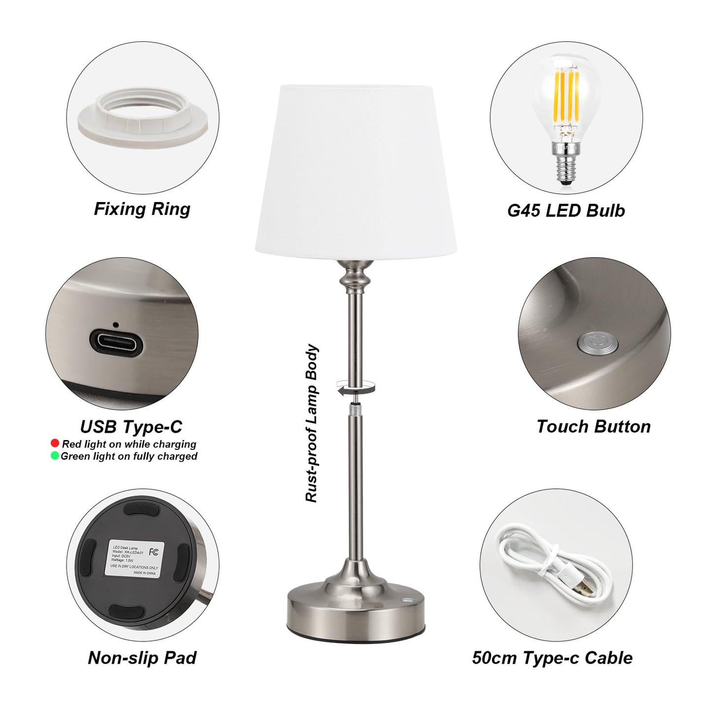Kakanuo Cordless Table Lamp Rechargeable Silver - 1 Pack 4000mAH Battery Operated Lamp for Decor, 3000K Stepless Dimming Touch Control Wireless Lamp for Bedroom, Dining Table, Counter, Living Room