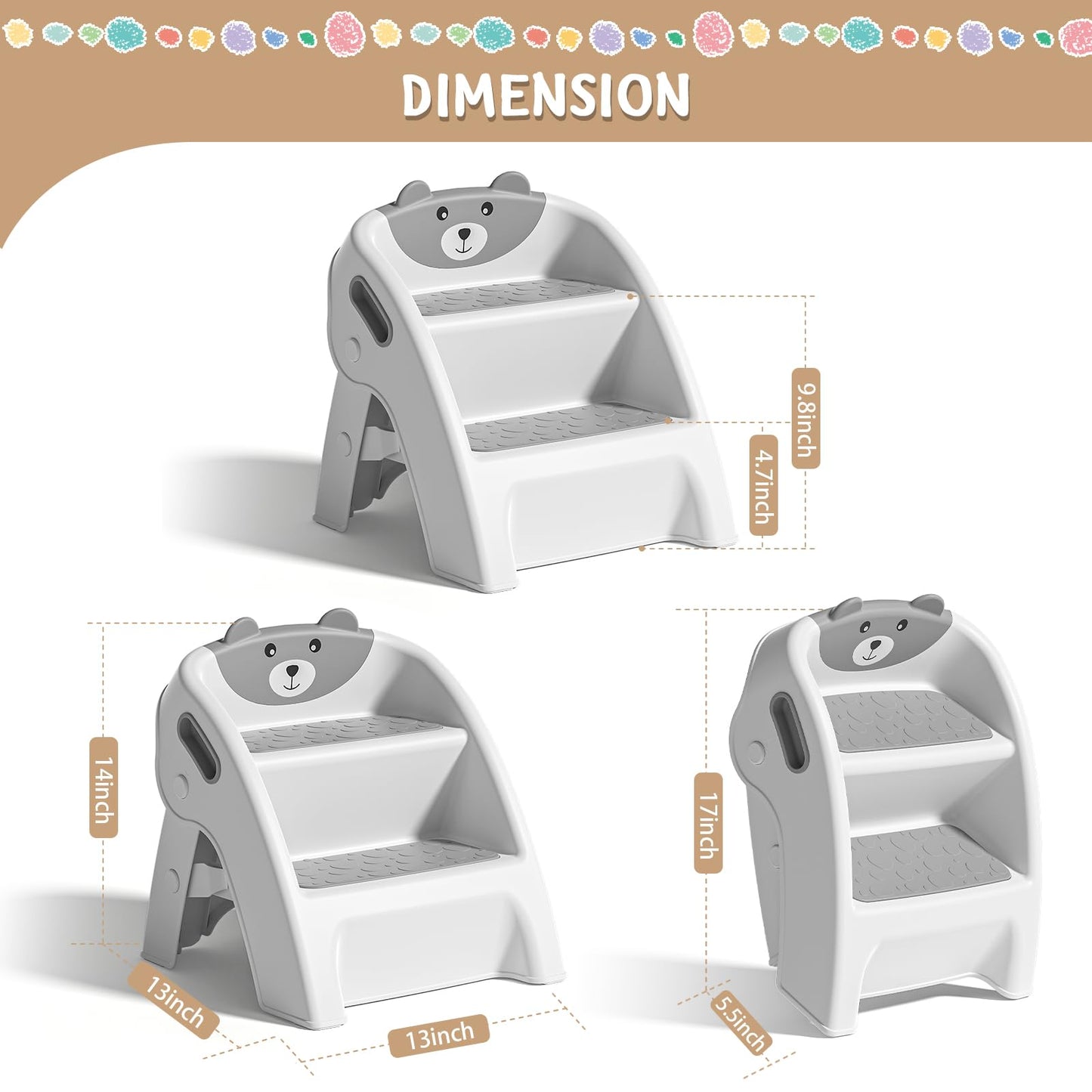 TPN Toddler Step Stool for Bathroom Sink and Potty Training Durable Anti-Slip,Anti-Tip A-Frame,10-Second Assembly, 2-Step Potty Stool with Wide Steps (Gray)