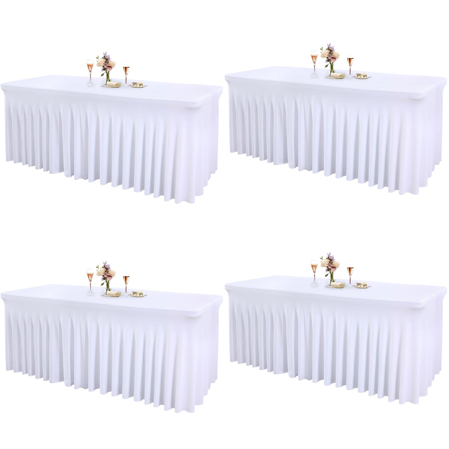 4 Packs White Table Clothes for 6 Foot Rectangle Tables, One-Piece Wrinkle Resistant Stretch Spandex Table Covers with Skirt for Event Banquet Wedding Birthday Party