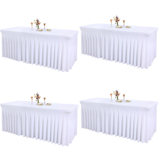 4 Packs White Table Clothes for 6 Foot Rectangle Tables, One-Piece Wrinkle Resistant Stretch Spandex Table Covers with Skirt for Event Banquet Wedding Birthday Party