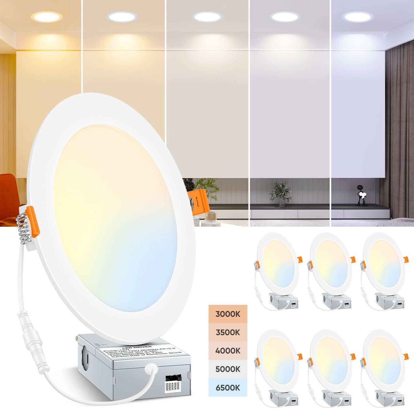 BesLowe 6 Packs 8 Inch 5CCT LED Recessed Ceiling Lights Ultra-Thin with Junction Box, 12W 150W Eqv, 3000K/3500K/4000K/5000K/6500K, 1200LM Dimmable Canless Downlights for Kitchen Hallway Dining Room