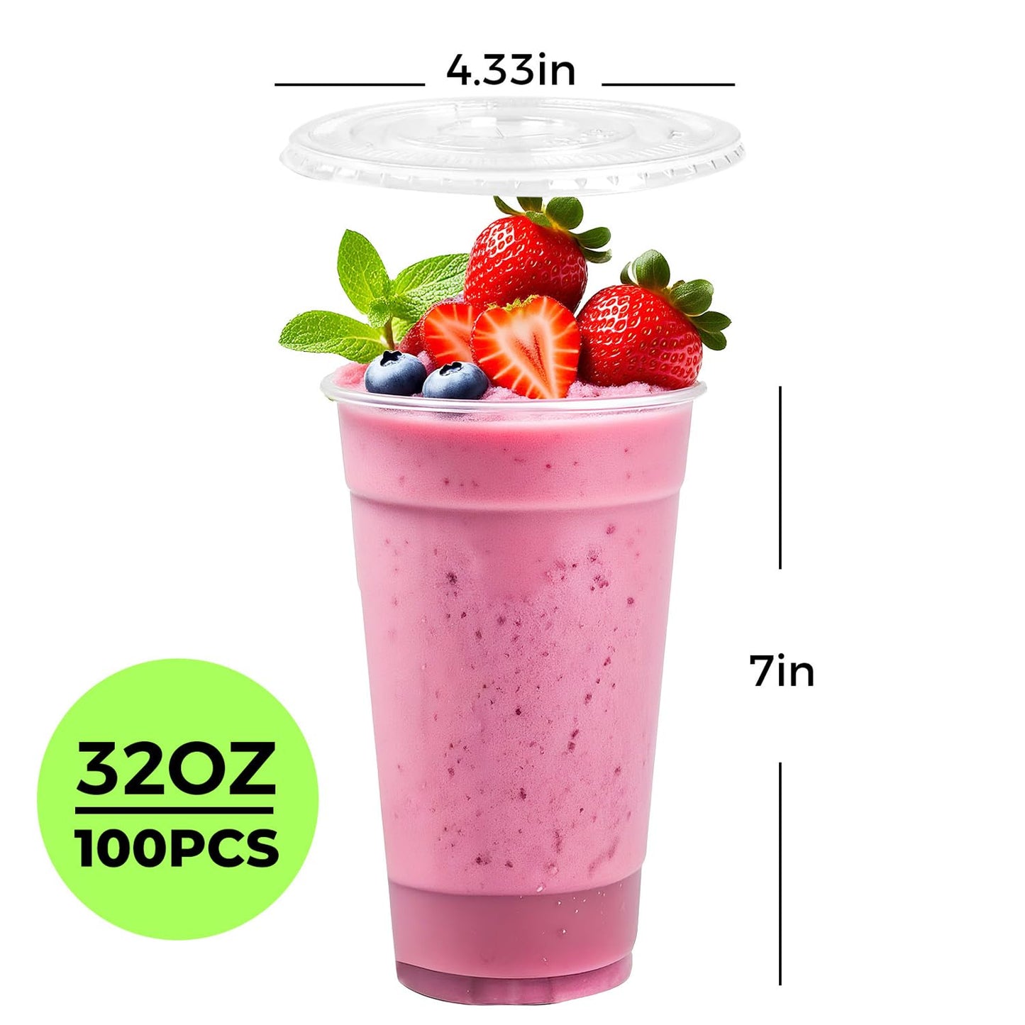 [100 SETS] 32 oz Cups with lids, Plastic cups with lids and straws, iced coffee cup, suitable for takeout iced coffee cold drinks, smoothies, juices, parfaits, Frappuccinos, and milkshakes.