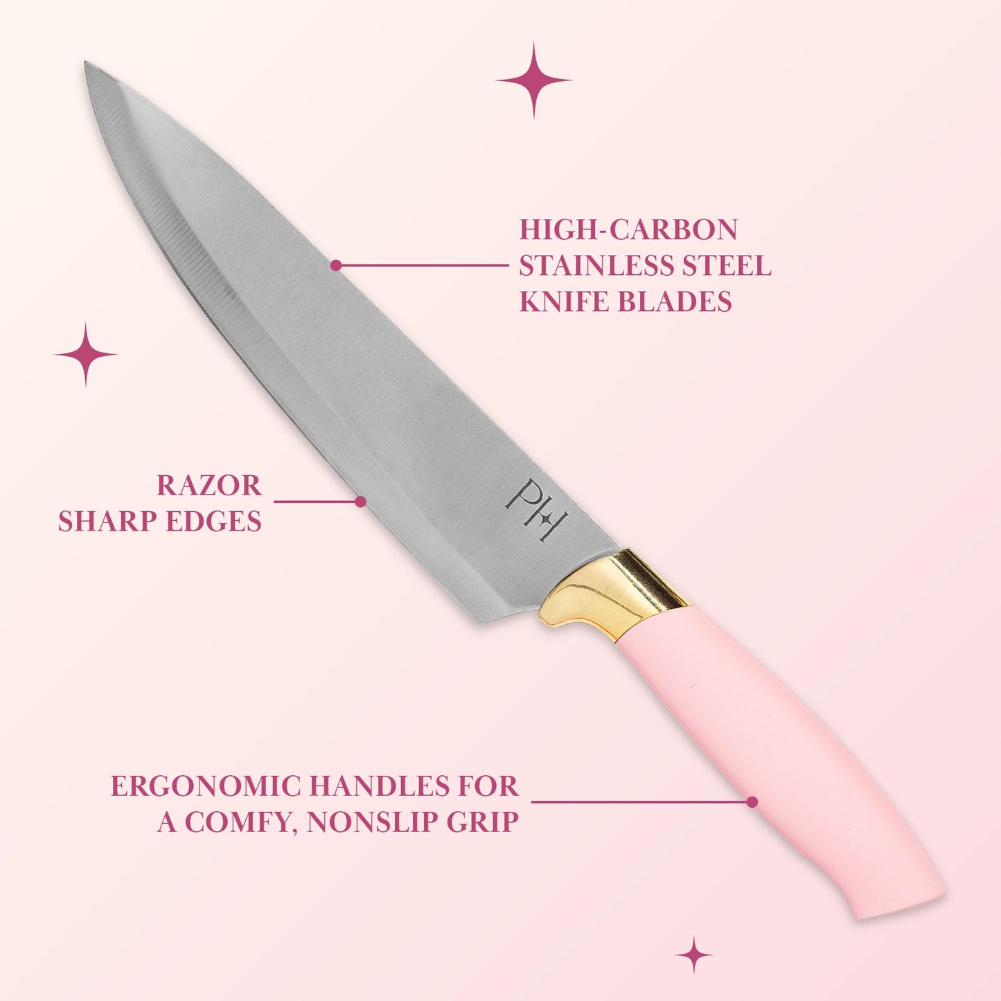 Paris Hilton 12-Piece Knife Set with Block, High-Carbon Stainless Steel Cutlery, Precision Blades and Ergonomic Handles Kitchen Knife Set, Pink
