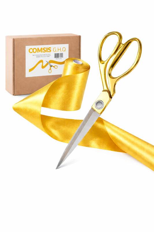 COMSIS Ribbon Cutting Ceremony Kit 10" Gold Handled Elegant Sharp Ribbon Cutting Scissors & 30 Feet Long 4" Wide Gold Satin Grand Opening Ribbon - Ceremonial Kit
