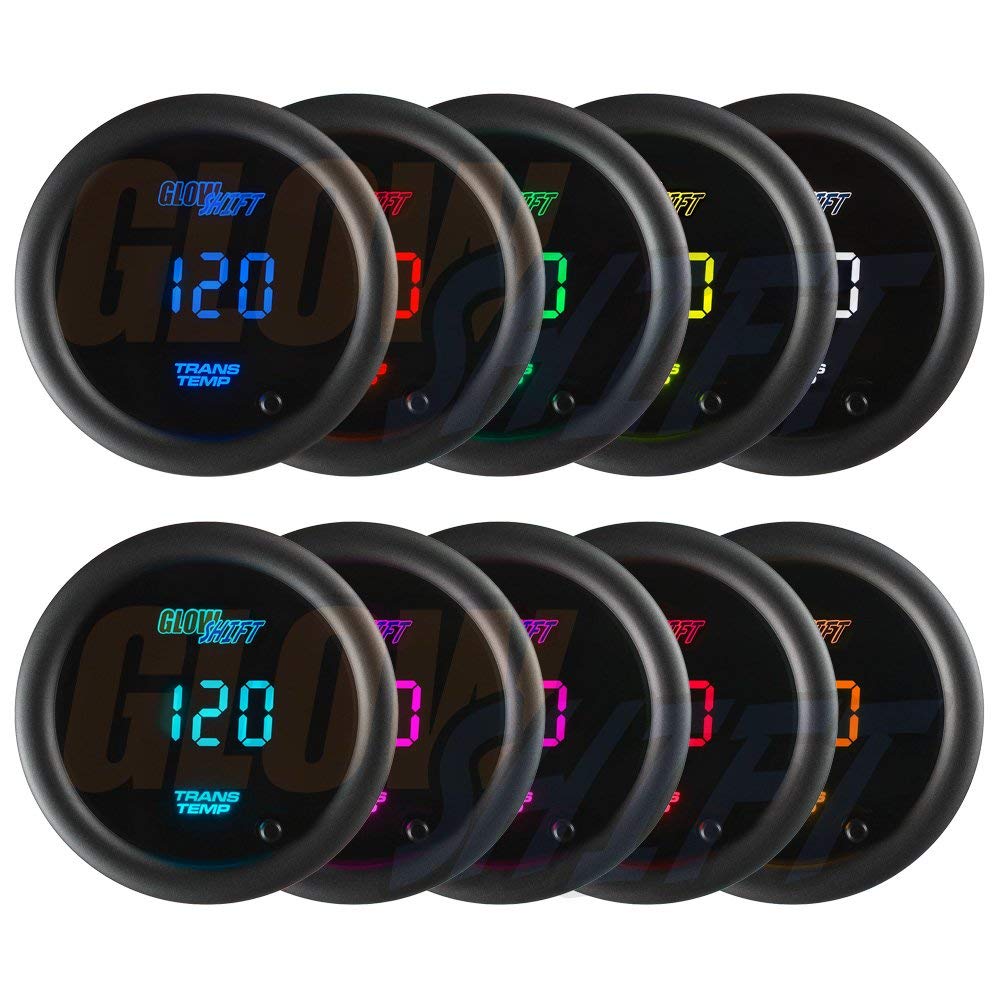 GlowShift 10 Color Digital 300F Transmission Temperature Gauge Kit - Includes 1/8-27 NPT Electronic Sensor & Wiring - Multi-Color LED Display - Tinted Lens - for Car & Truck - 2-1/16" (52mm)