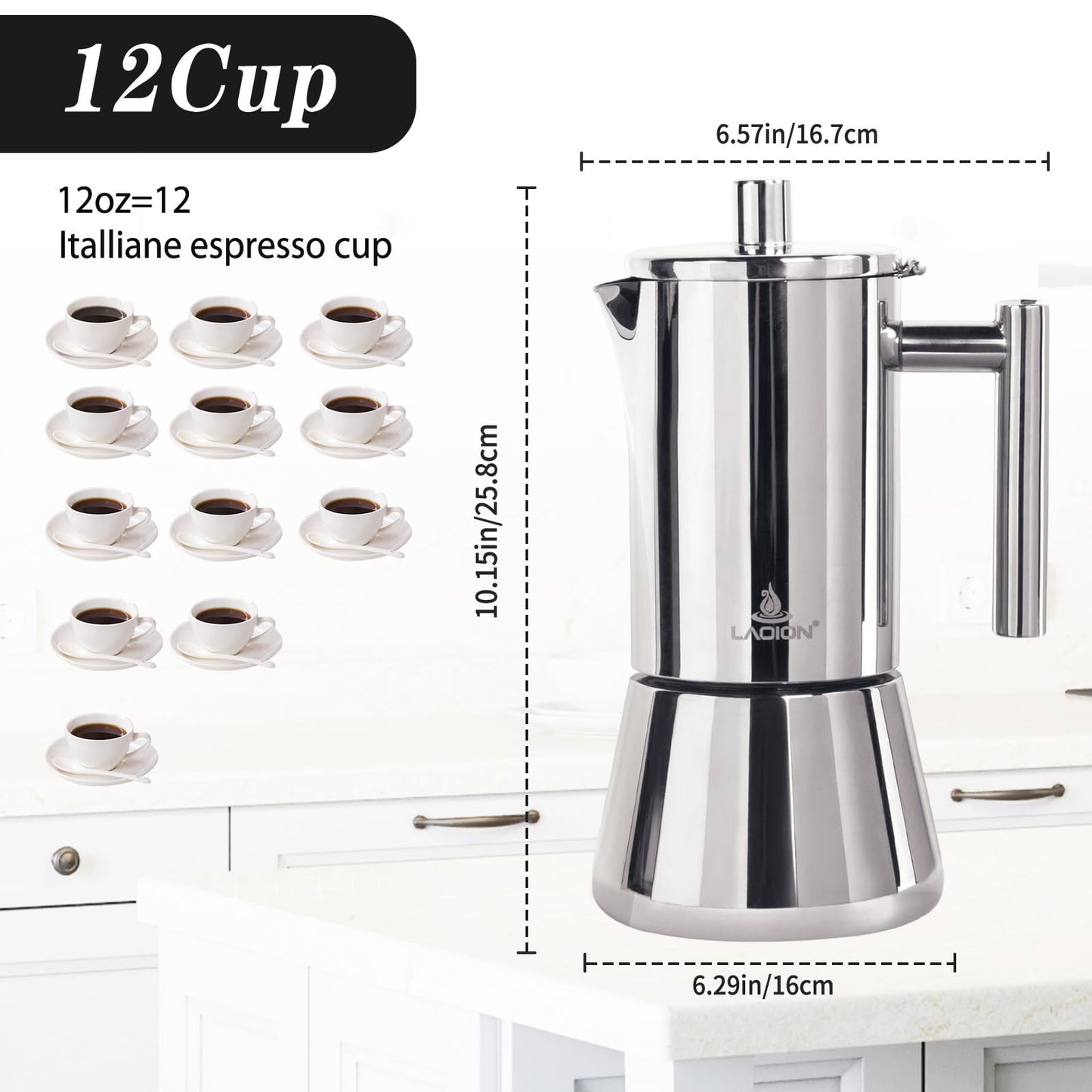 LAOION Stovetop Espresso Maker, 12Cup 17.5 oz Moka Pot, Stainless Steel Cuban and Italian Coffee Maker for Cafetera Cubana, Greca De Cafe Induction Stovetop Compatible, Coffee Gift for Home Travel