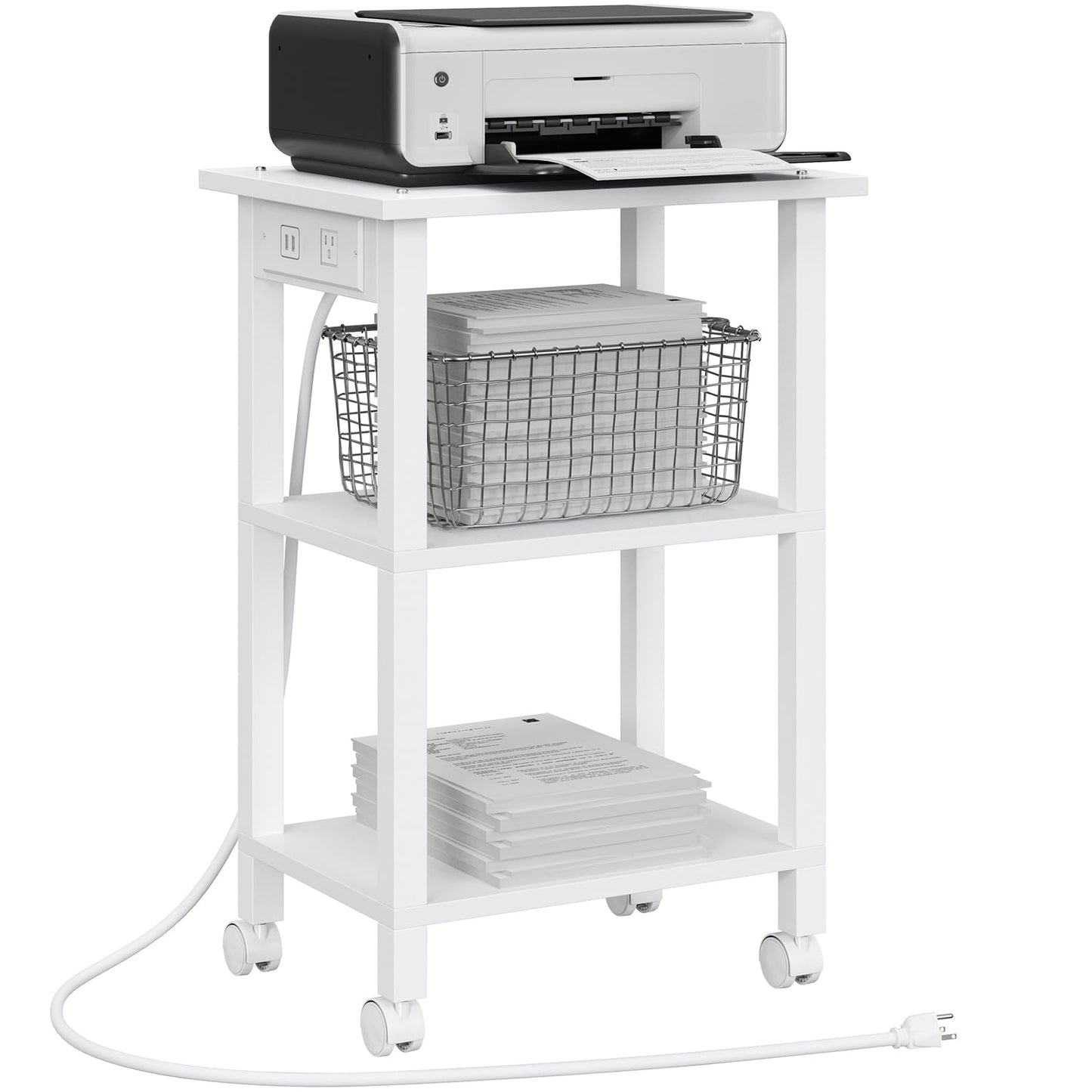 TUTOTAK 3 Tier Printer Stand, Rolling Printer Cart with Power Outlets and USB Ports, Mobile Printer Table with Wheels, for Under Desk, Office, Home, White PS02BW001