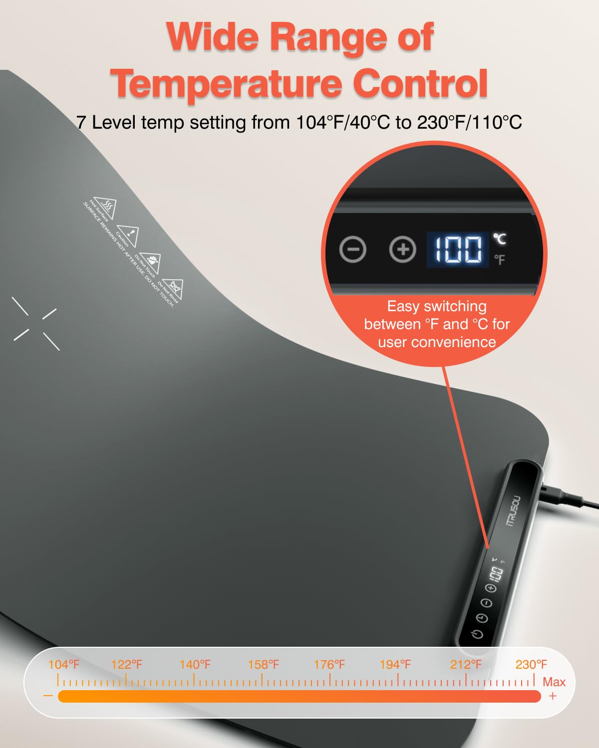 Food Warming Mat, iTRUSOU 27.5x16'' Electric Warming Tray with 7 Temp-Settings, Switchable Fahrenheit/Celsius, 99h Timer, Foldable Food Warmer Keep Food Warm at Buffet, Party, Sabbath, Daily Use