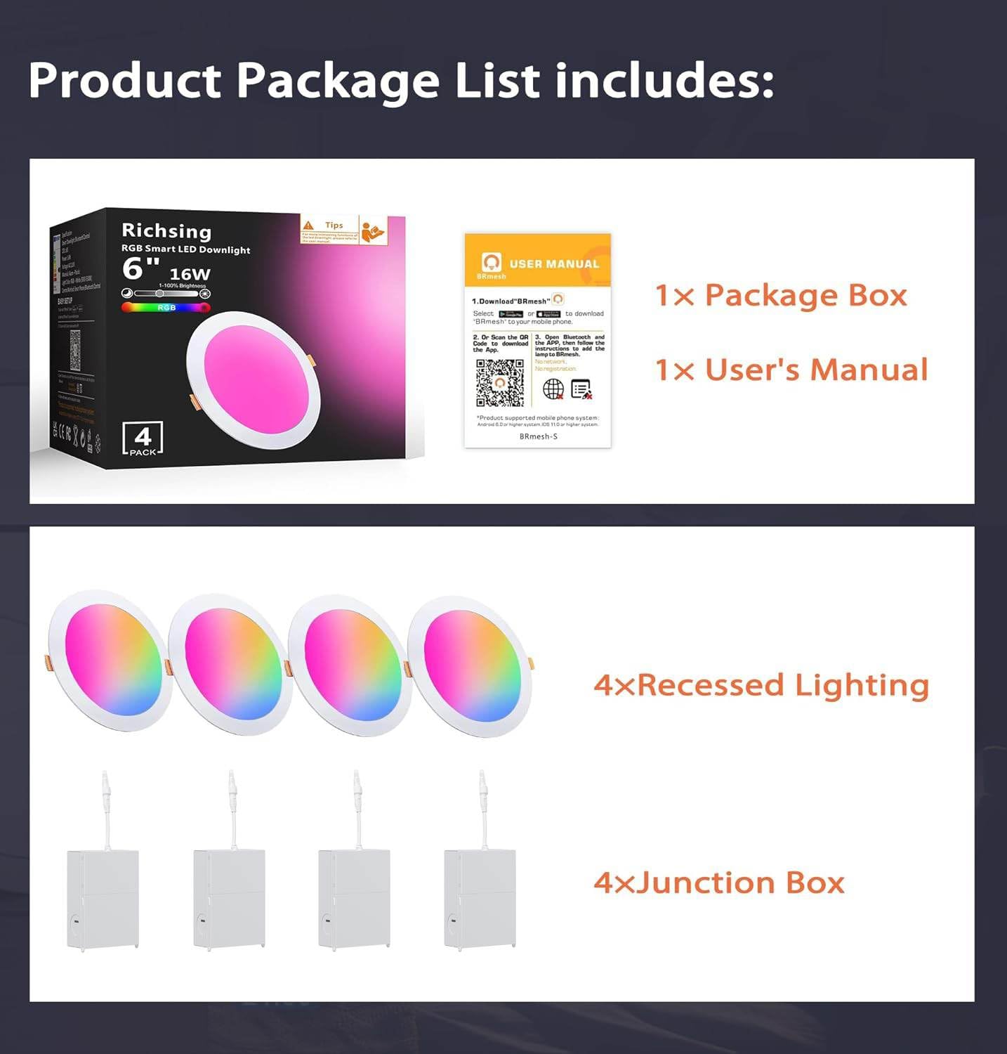 RICHSING Recessed Lighting 6 inch, 4Pack RGBCW Recessed Ceiling Lights with Junction Box, 16W 1350lm LED Recessed Lights 2700 to 6000K Canless LED Downlight Dimmable by Alexa and APP