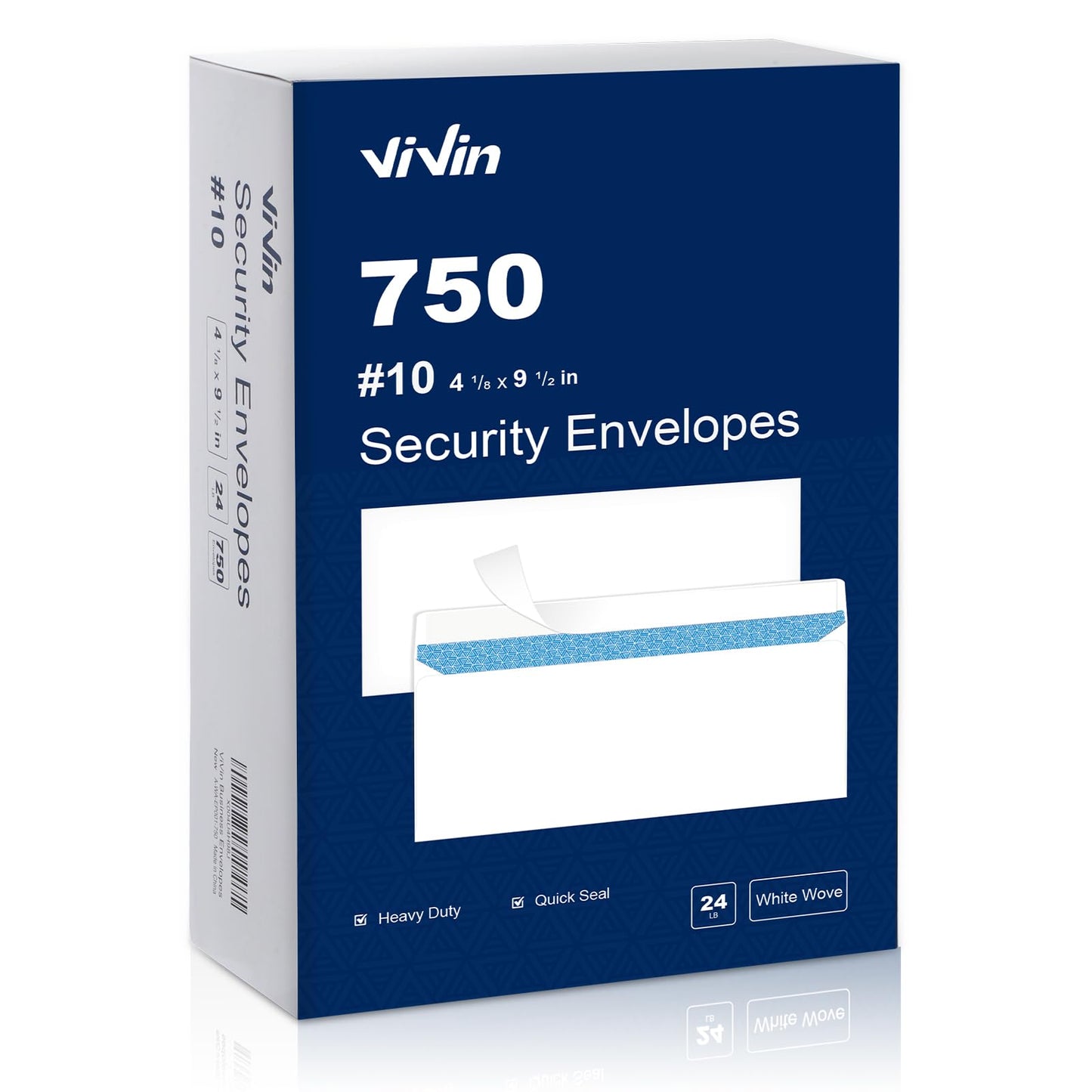 Vivin #10 Self-Seal Security-Tinted Business Envelopes for Privacy Documents, Home & Office, 4-1/8 x 9-1/2 Inches, No Window, 24 LB, White, 750 Packs