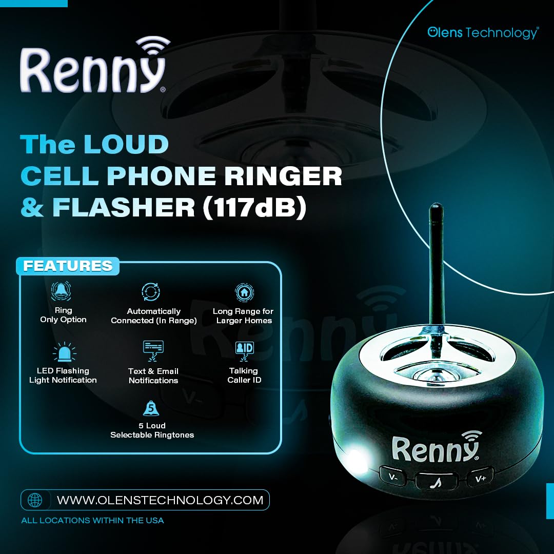 Renny - The Loud Cell Phone Ringer, Amplifier & Flasher for The Hearing Impaired (117dB) | Auto-Connects Wirelessly via Bluetooth | External Ringtones | Text/Email Notifications | Talking Caller ID