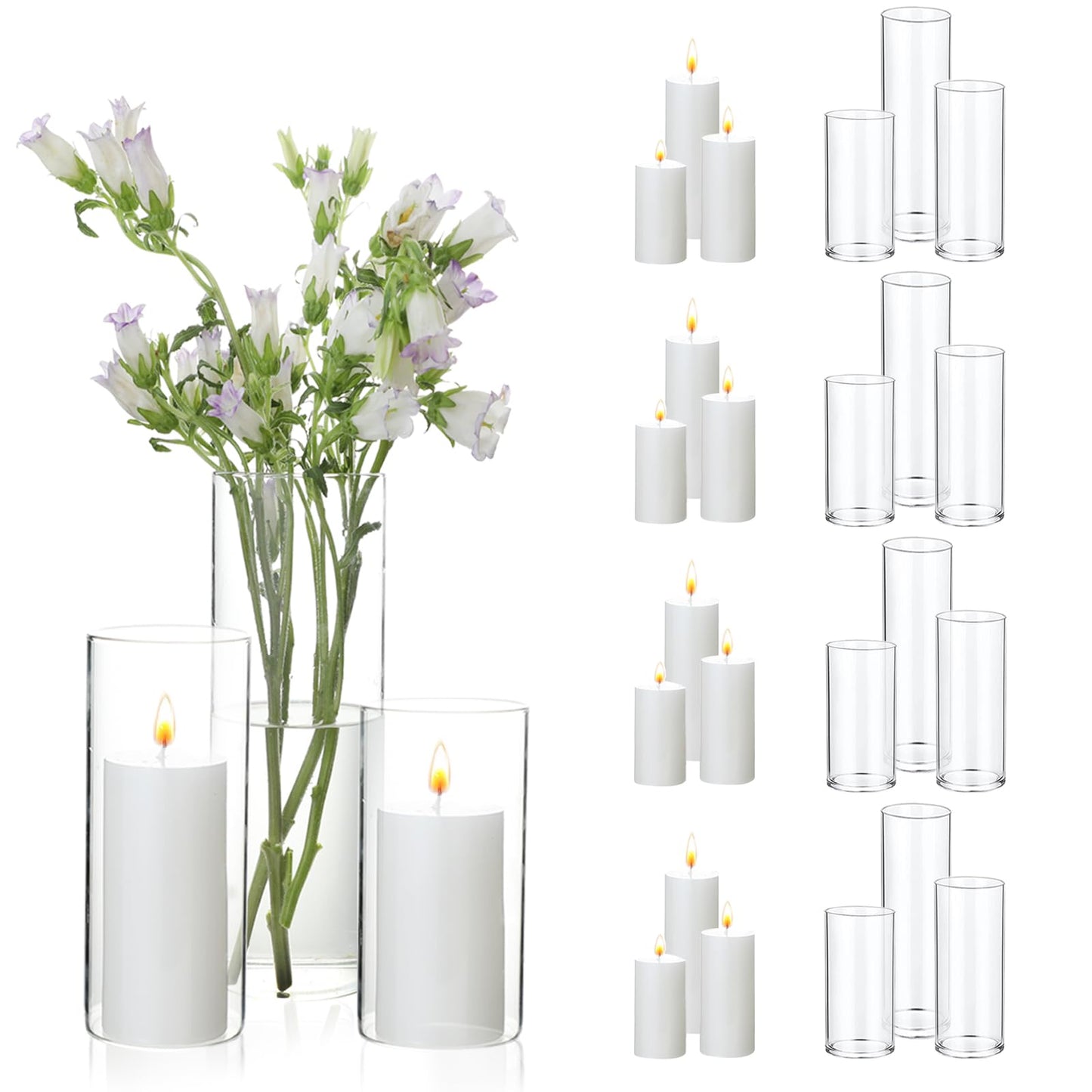 UDU 24 PCS White Pillar Candles with Glass Cylinder Vases Hurricane Glass Candle Holders for Pillar Candles Cylinder Vases for Centerpieces Wedding Table Party Home Decor