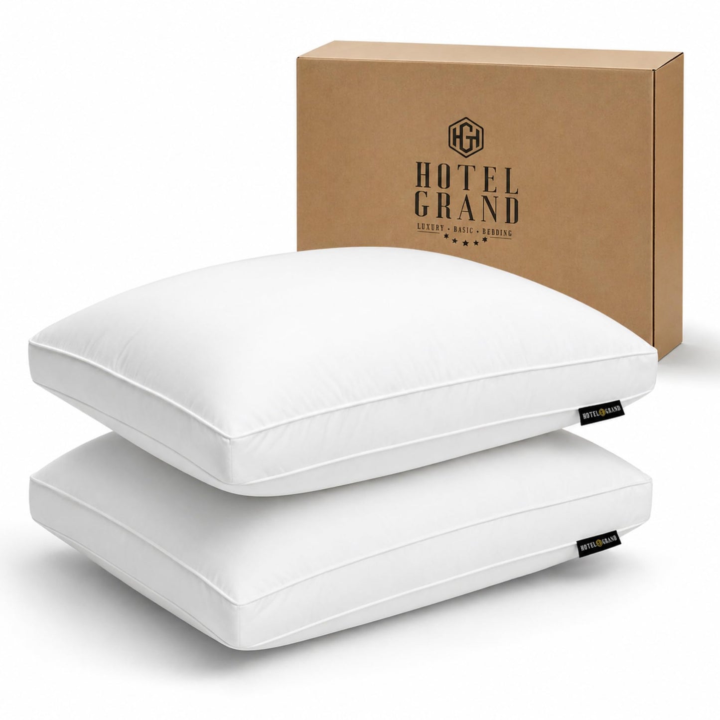 Hotel Grand Goose Feather and Down Fiber Bed Pillows Queen Size Set of 2, Firm Gusseted Pillows with 100% Cotton Cover, Softy-Around Hotel Collection Pillows for Side and Back Sleepers, White