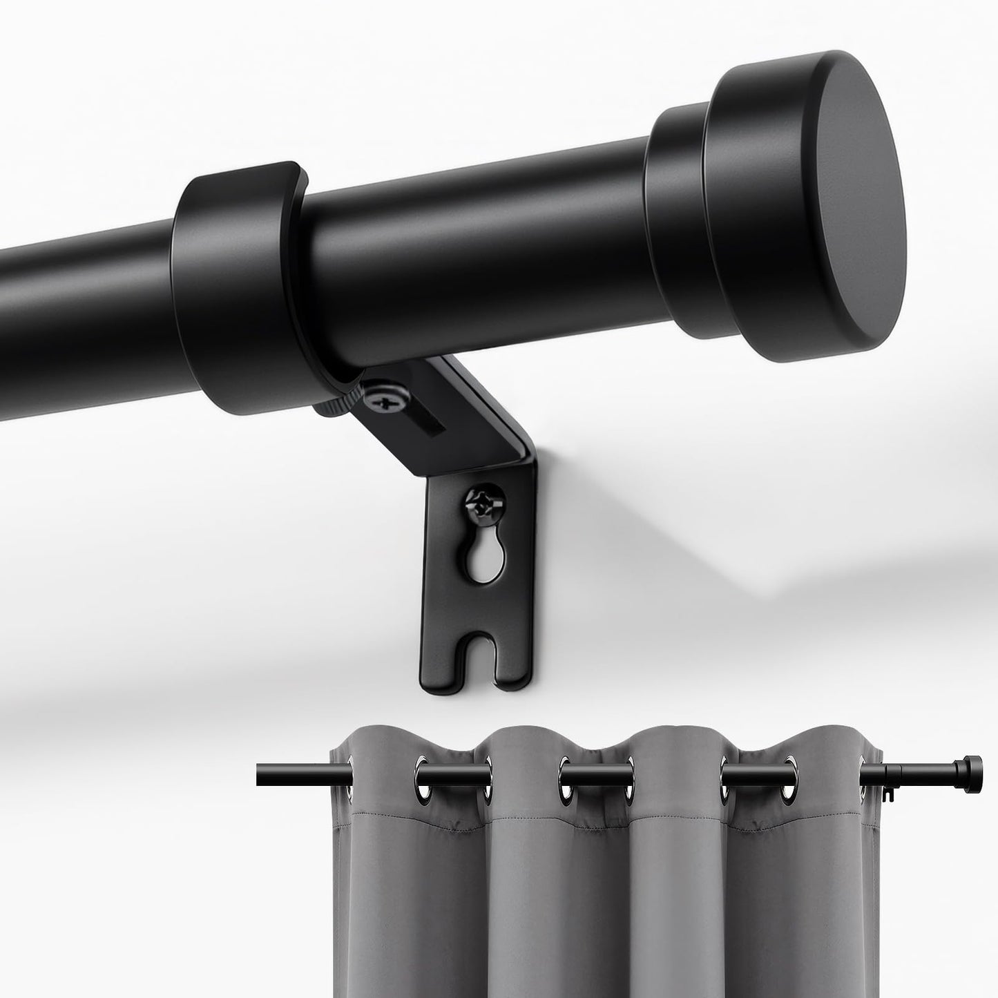 Joydeco Curtain Rods for Windows, Adjustable Black Curtain Rods 16 to 120 inches, 1 inch Diameter Heavy Duty Decorative Window Single Rod Set with Aluminium Finials