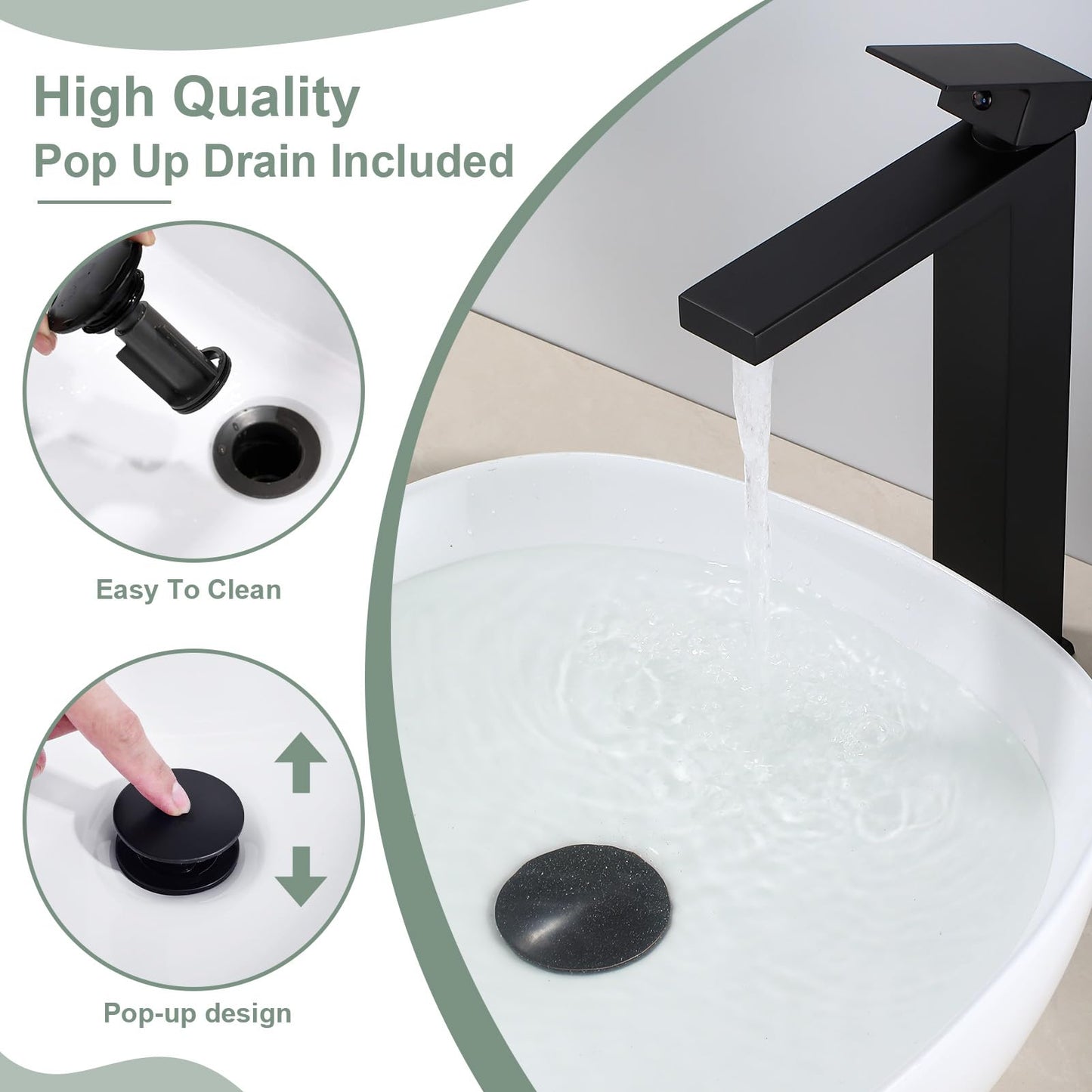 HOZKUY Matte Black Bathroom Faucet Single Handle 1 Hole Tall Bathroom Vessel Sink Faucet, 304 Stainless Steel Modern Vanity Faucet Basin Mixer Tap with Water Supply Hose and Pop Up Sink Drain