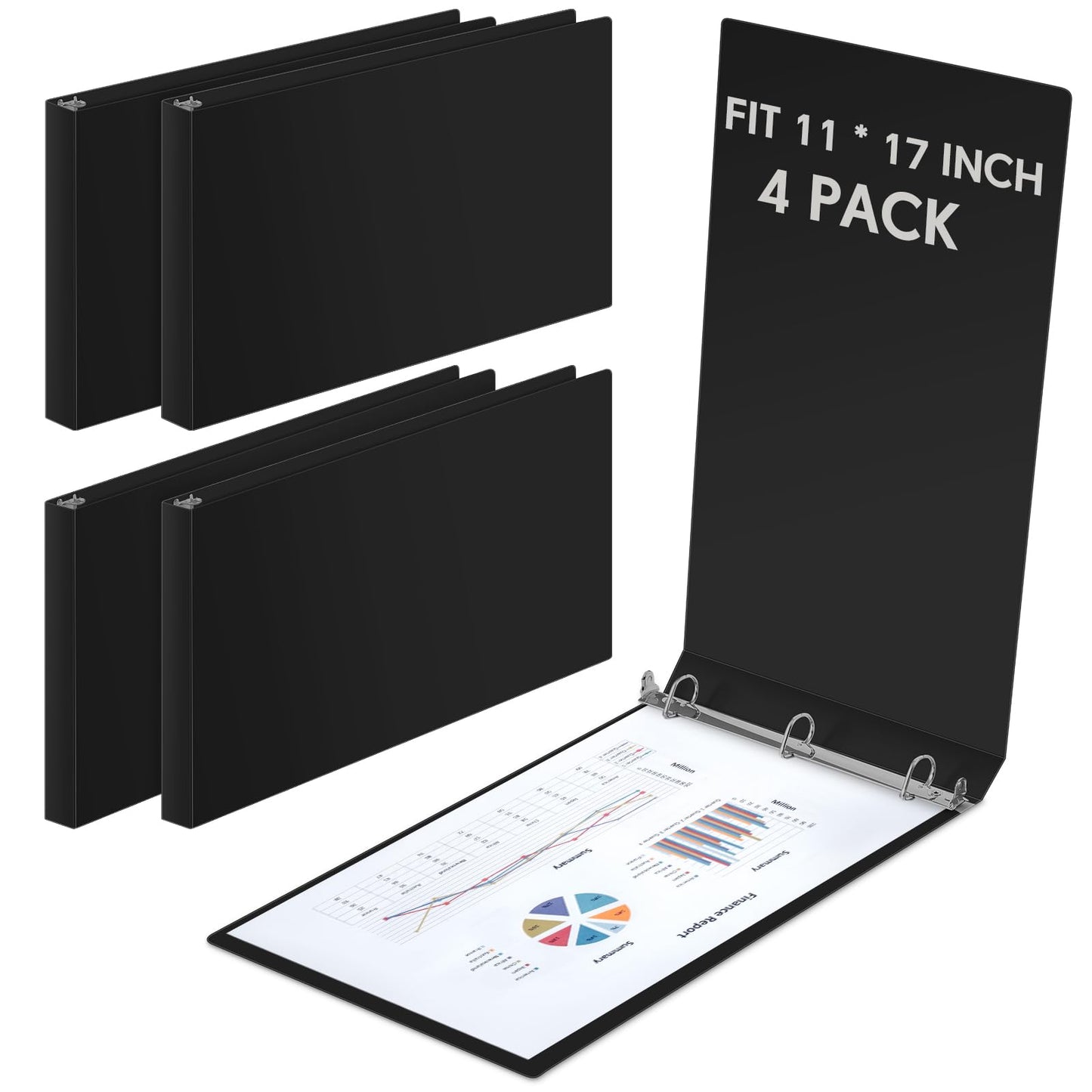 Humyoun 4 Pcs 11 x 17 Inch 3 Ring Binders 1 Inch Rings Heavy Duty View Plastic Flexible D Ring Binders Economy Holds 11" x 17" Paper for Artwork Blueprints, Office, Home, Work Places(Black)