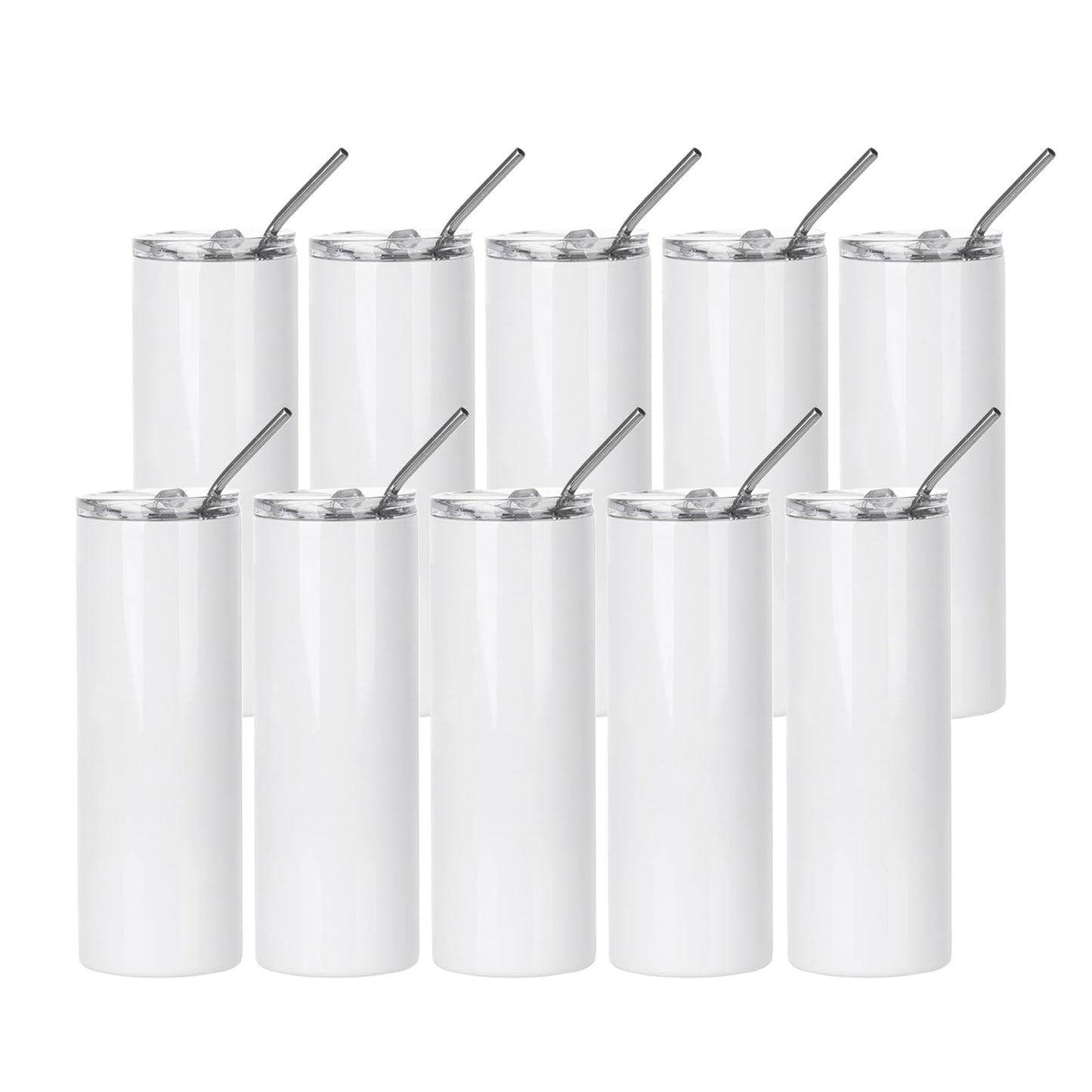 PYD Life 10 Pack Sublimation Tumblers Bulk Blank 20 OZ Skinny White Stainless Steel Tumbler Cups with Straw and Lid for Mug Tumbler Heat Press Sublimation Oven Printing