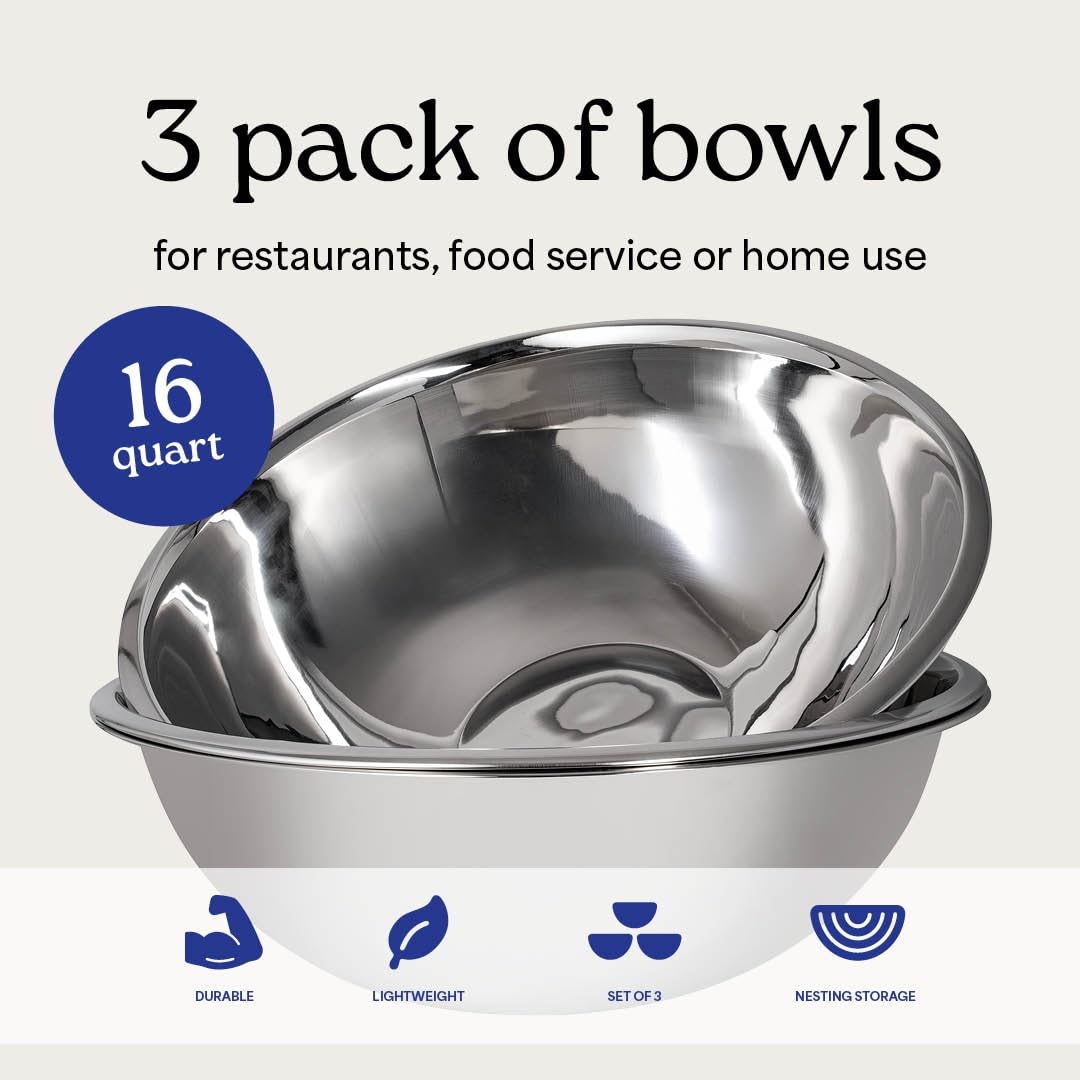 WHYSKO® Large Mixing Bowls, Set of 3 Stainless Steel 16 Quart Bowls for Restaurants, Food Service, Caterers and Home Kitchen Use, Rust Proof Bowls Great for Meal Prep, Baking, Serving, Food Storage