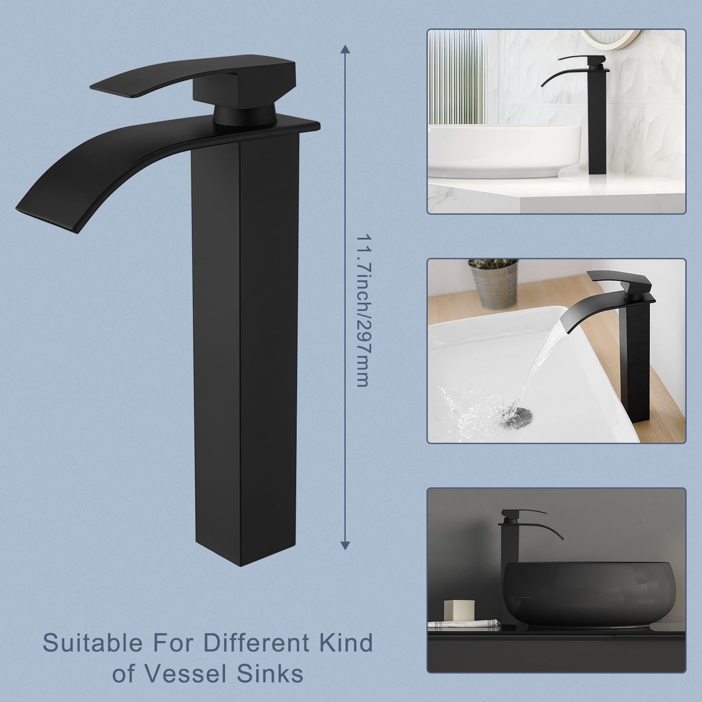 RUMOSE Tall Matte Black Bathroom Faucet with Pop Up Drain Modern Single Handle One Hole Bathroom Vessel Sink Faucet Waterfall Spout Rv Lavatory Vanity Faucet Deck Mount Mixer Tap, Stainless Steel