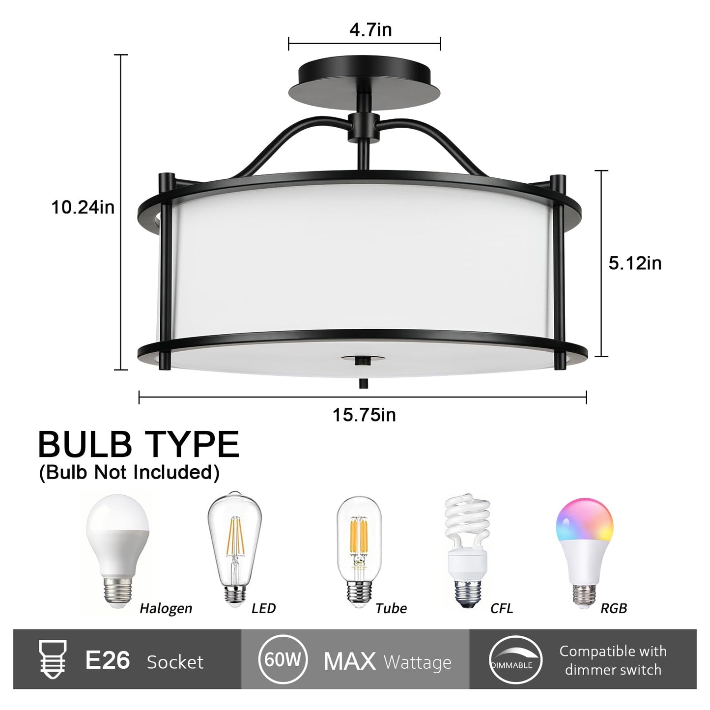 FRIDEKO HOME Semi Flush Mount Ceiling Light - 15.7 Inch Fixture with Metal Frame Fabric Shade for Living Room, Bedroom, Kitchen, Dining Room, Entryway, Hallway