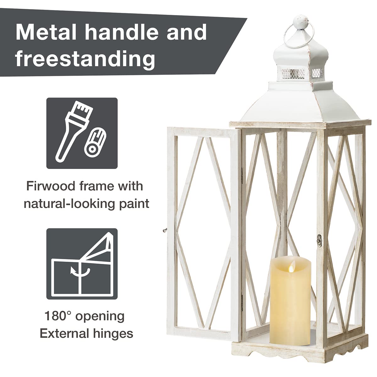 Glitzhome Large Farmhouse Wooden Metal Lantern Set of 2, 28.74" H/20.47" H Rustic Decorative Floor Candle Lanterns, Distressed Hanging Lanterns for Home Décor White (No Glass)