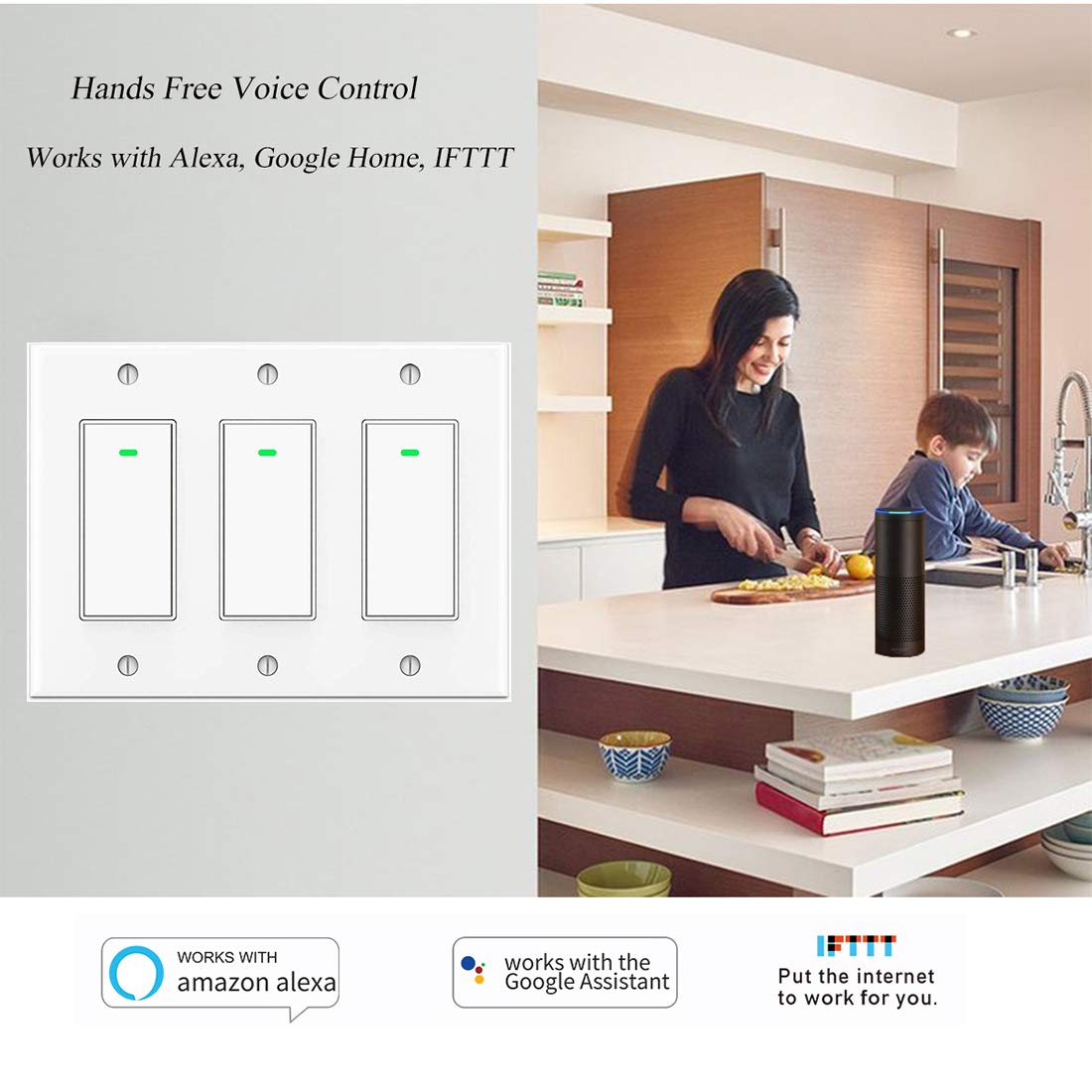 Lesim Smart 3 Gang WiFi Light Switch, 2.4GHz, Compatible with Alexa, Google Home, White, Push Button, Automatically/Smart Switch Operation