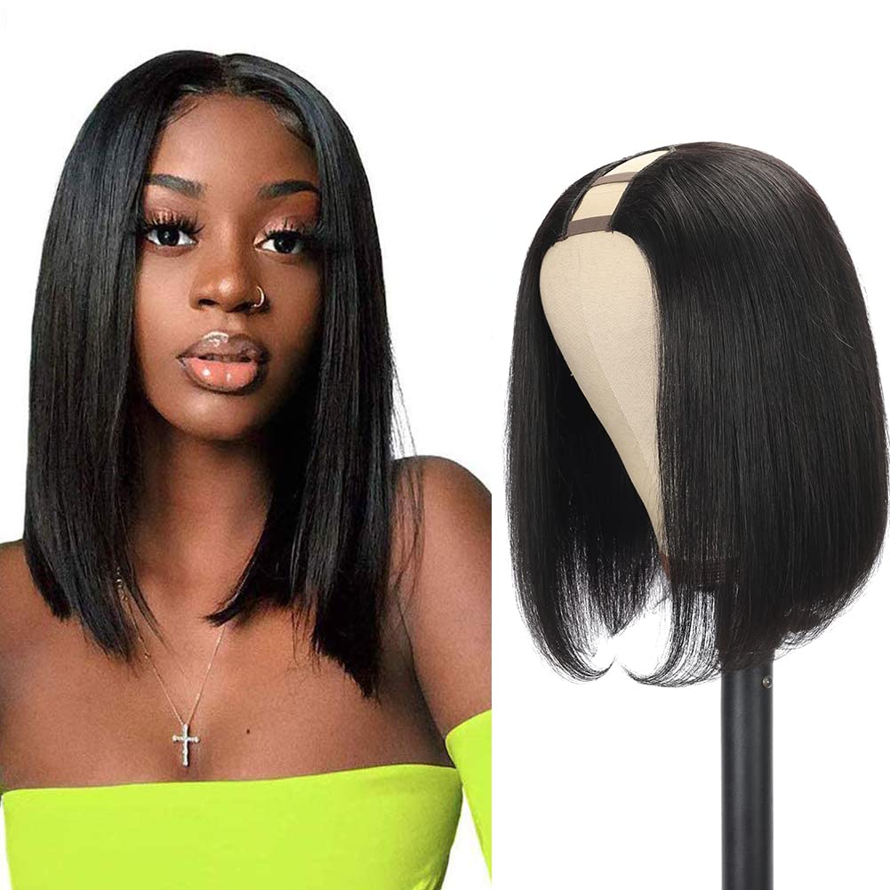 Amella Hair U Part Wig Bob Straight Wig U Part Bob Wig Brazilian Virgin Human Hair Wig for Black Women U Part Human Hair Brazilian U Part Natural Color 14inch