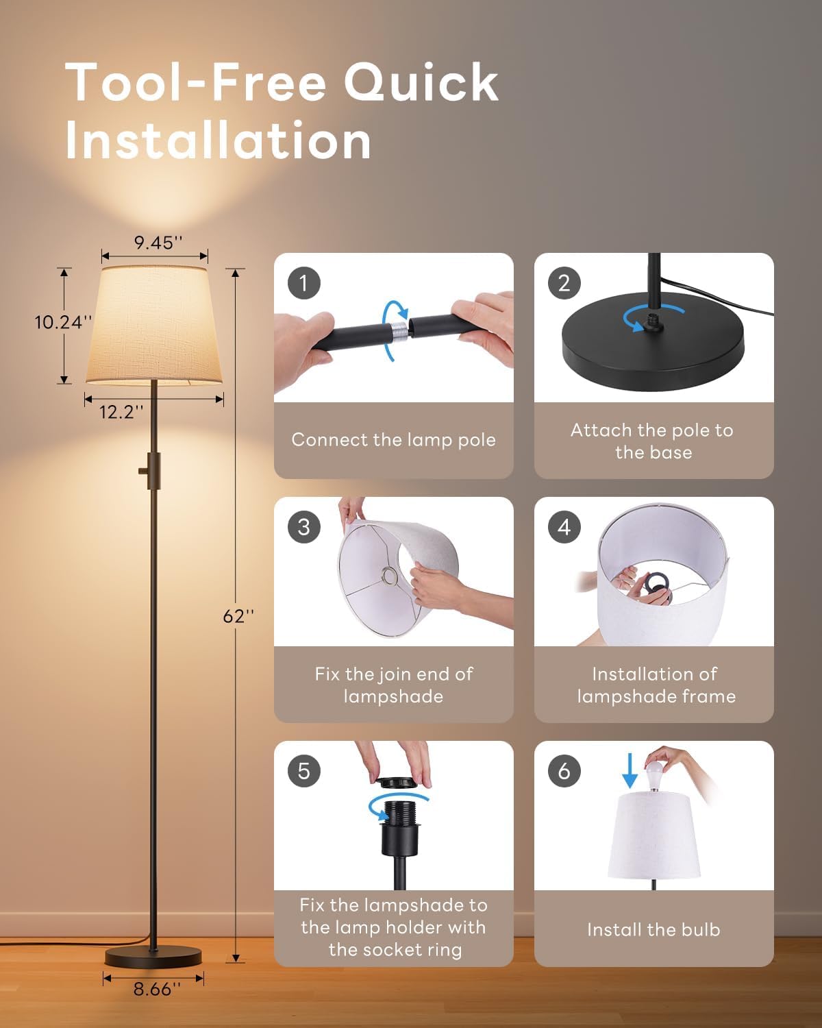 VARICART Smart LED Floor Lamp for Living Room, 62" Tall Lamp with App & Alexa Voice Control, RGB + 2700K-6000K Tunable White, 10W 1200lm 1%-100% Dimmable, Linen Shade, No Registration Required, Black