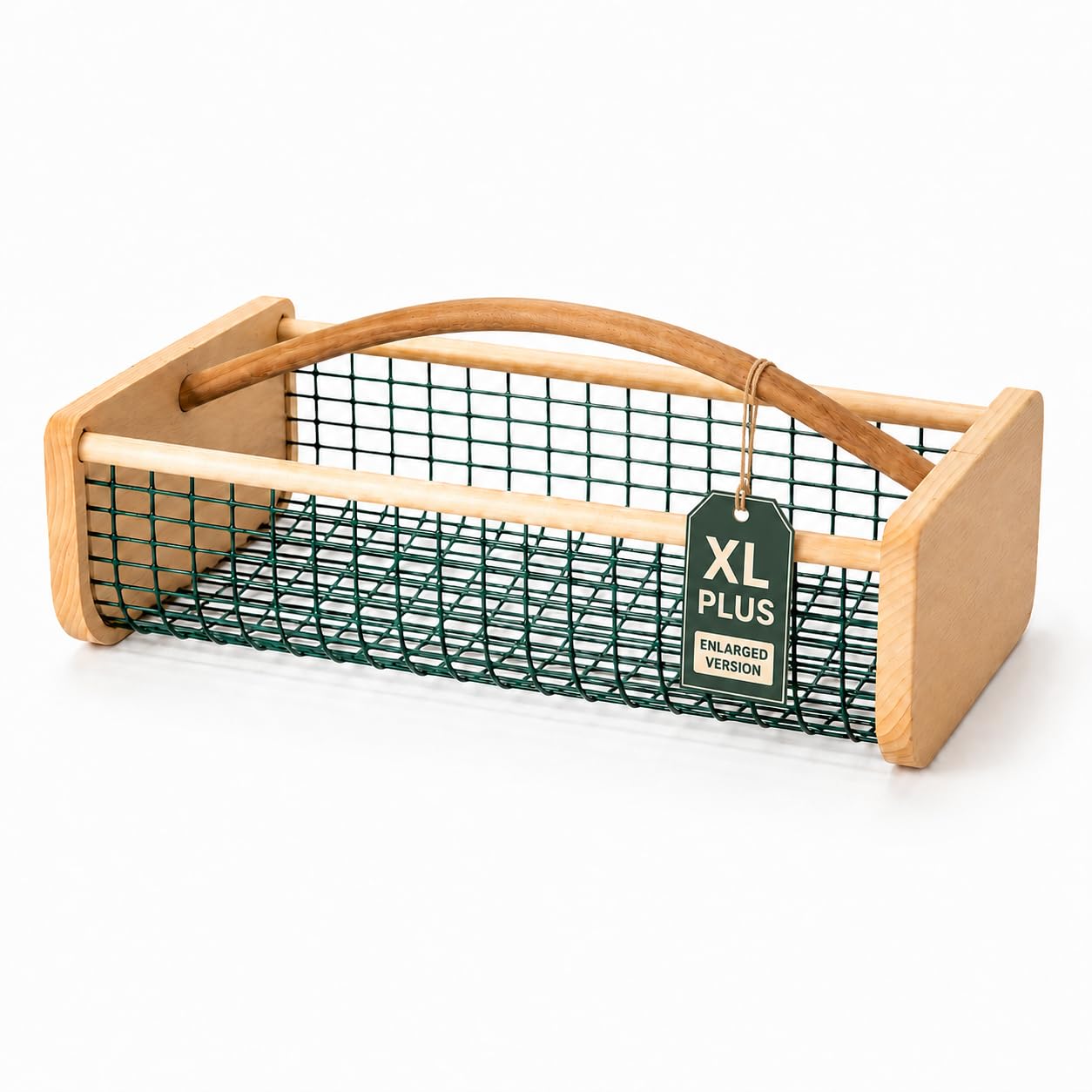Extra Large Garden Harvest Basket for Vegetables, Wooden Garden Hod with Handle, Coated Metal Mesh Produce Caddy for Gathering, Rinsing, Draining & Countertop Display