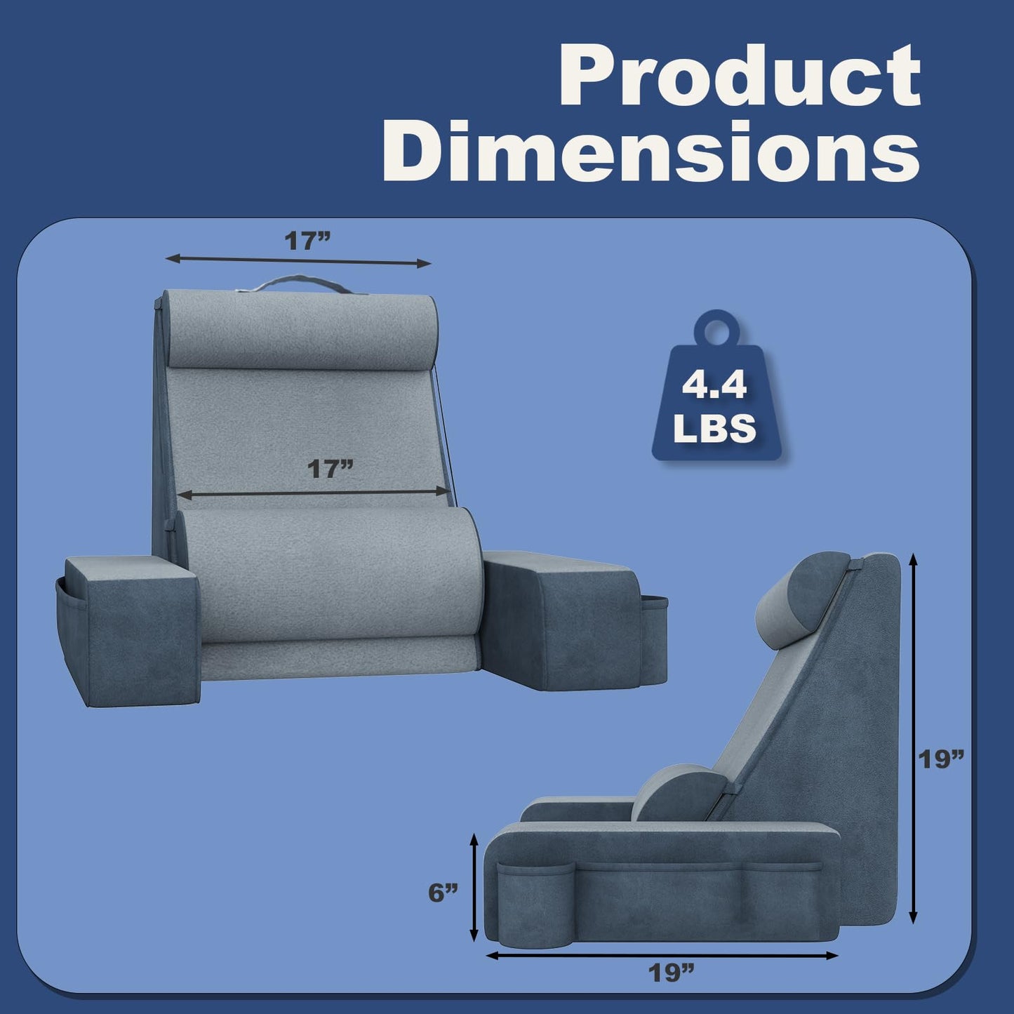 Reading Pillow, Back Pillow for Bed with Adjustable Headrest & Independent Lumbar Support, Detachable Armrest Sit Up Pillow for Bed, Dual Side Storage Pockets for Reading Gaming Nurs Sofa (Basic)