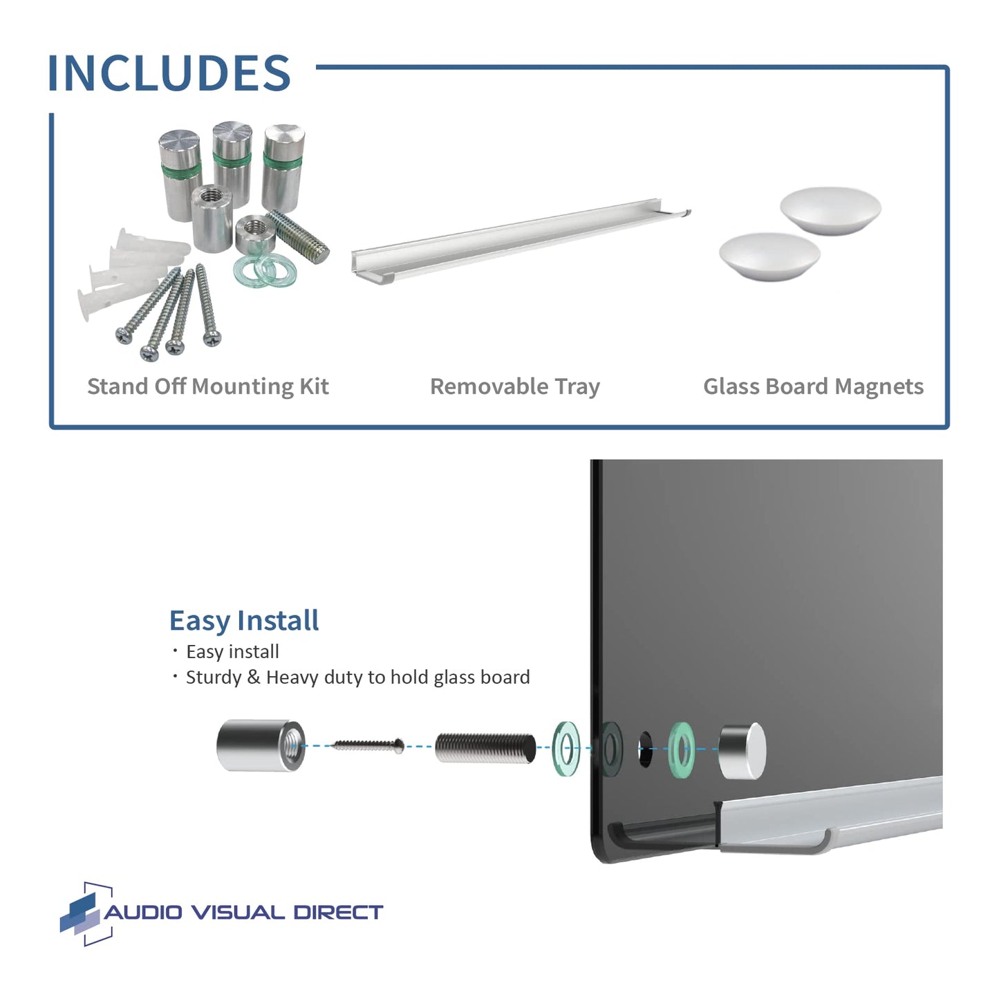 Audio-Visual Direct Magnetic Black Glass Dry-Erase Board Set - 3' x 2' - Includes Magnets, Hardware & Marker Tray