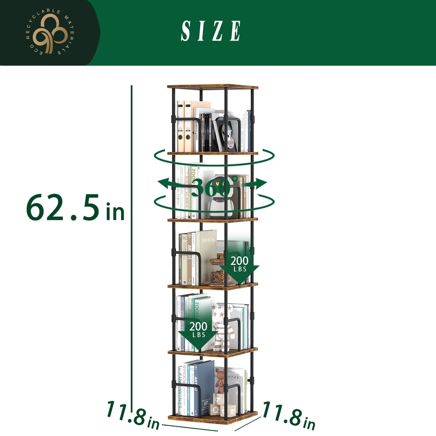 swlongbooks 5-Tier Rotating Bookshelf, Freestanding Corner Bookshelf, 360° Spinning Bookcase Industrial Style Storage Rack with Rails, for Living Room, Bedroom, Study